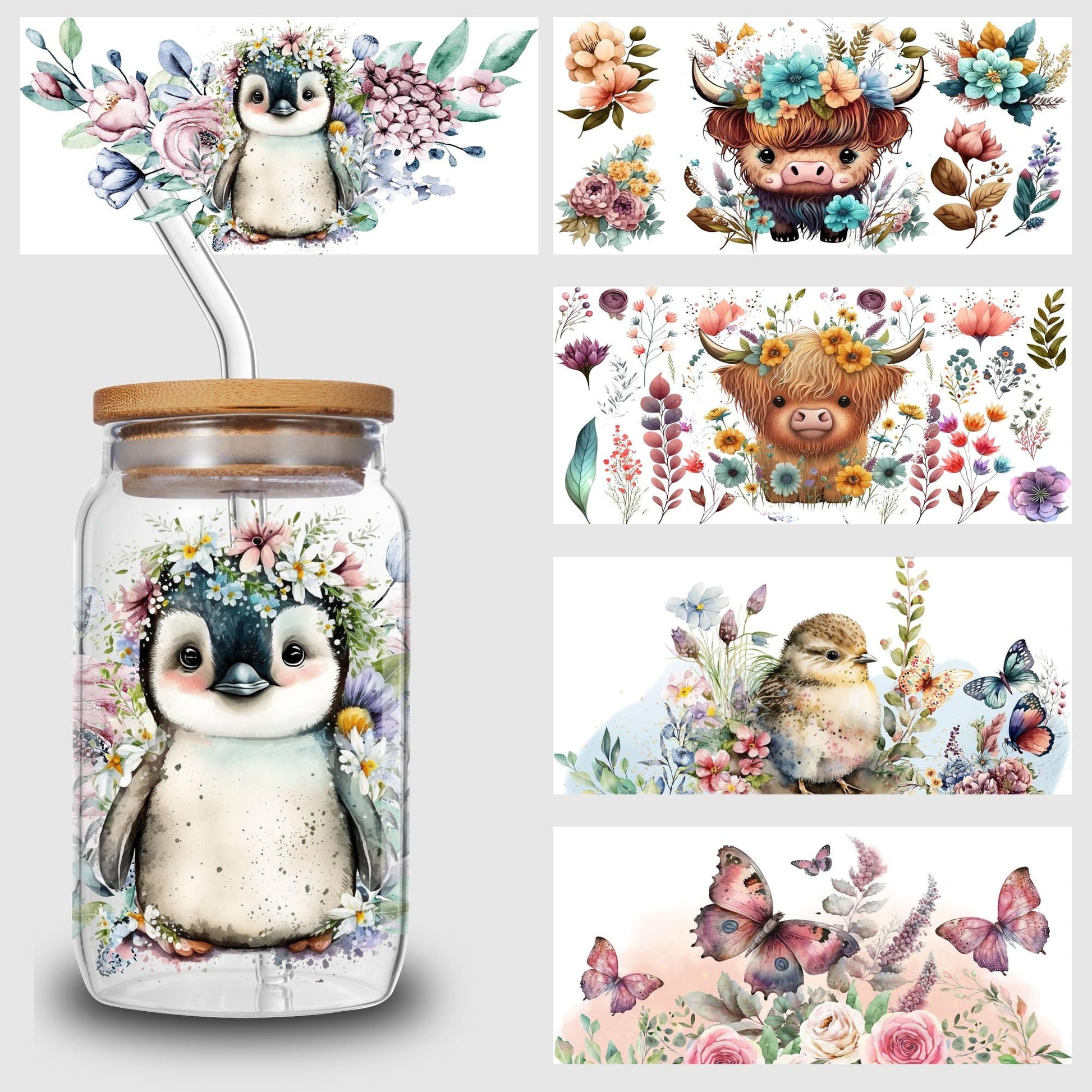 5 sheet animal UV transfer waterproof self-adhesive stickers for mugs water bottles, DTF transfer stickers for 16 oz glass jar packaging, 3d crystal labels waterproof and scratch-proof, DIY packaging transfer stickers glass cup stickers bottle stickers