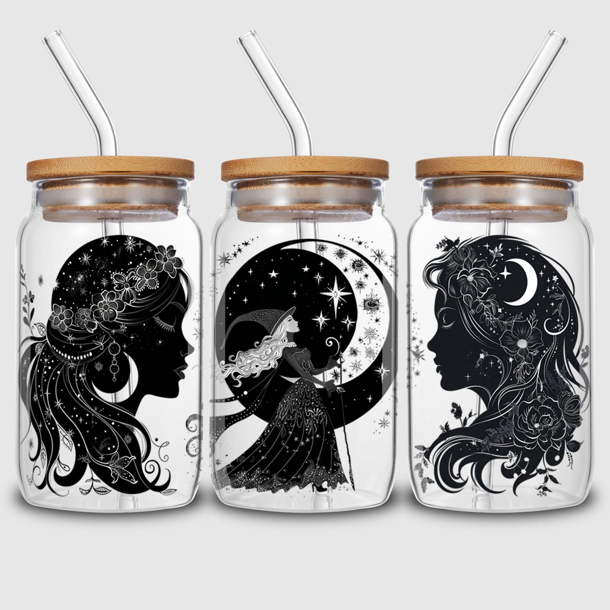 5 sheet Moon Witch UV DTF Cup Stickers, DTF Transfer Stickers, Waterproof Wipe-Off Transfer Paper for 16oz Glass, Mug, Crafts, Furniture