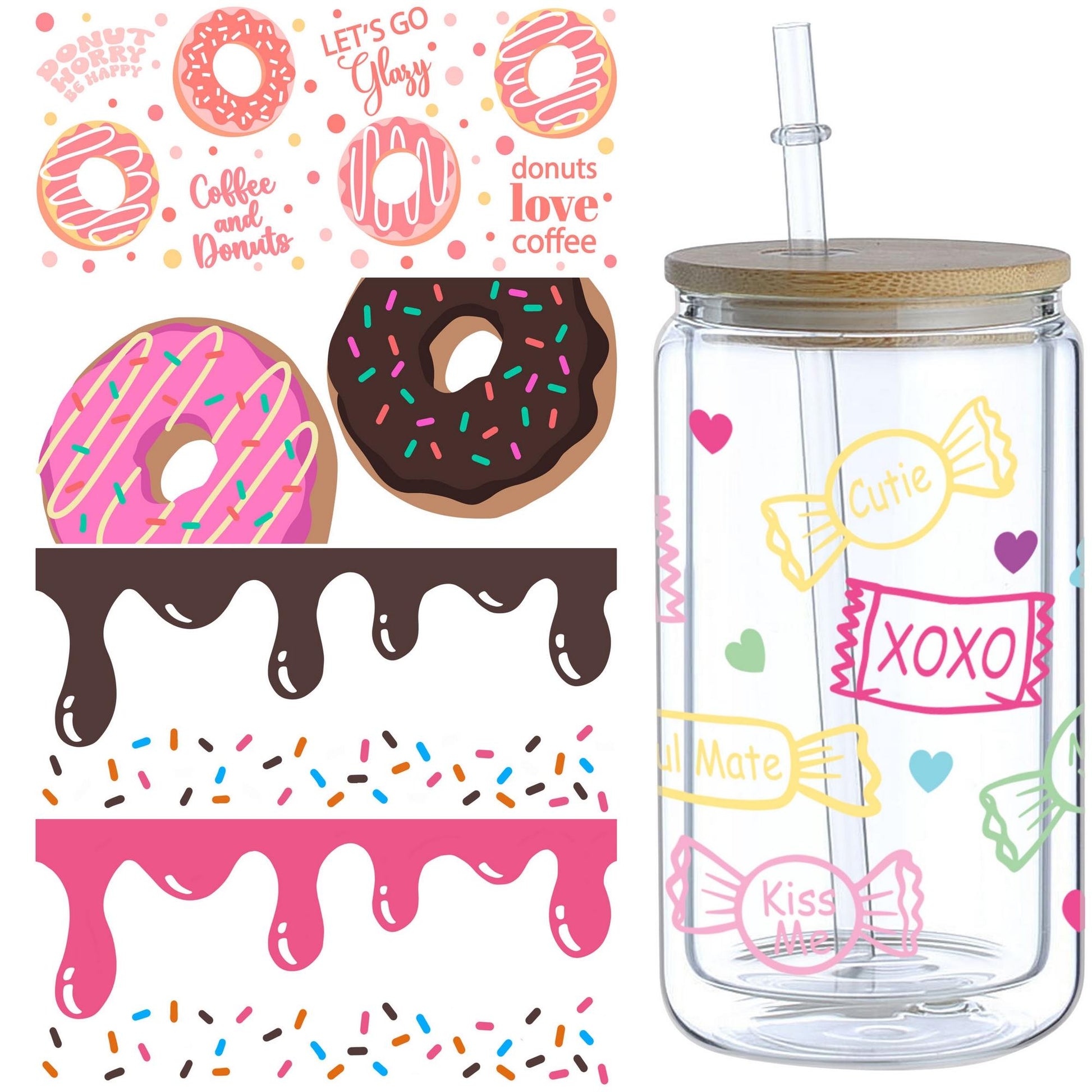 5 Sheet Donut UV DTF Cup Packaging Transfer Stickers for Glass, 16 oz Cup Printed Decals for DIY Making