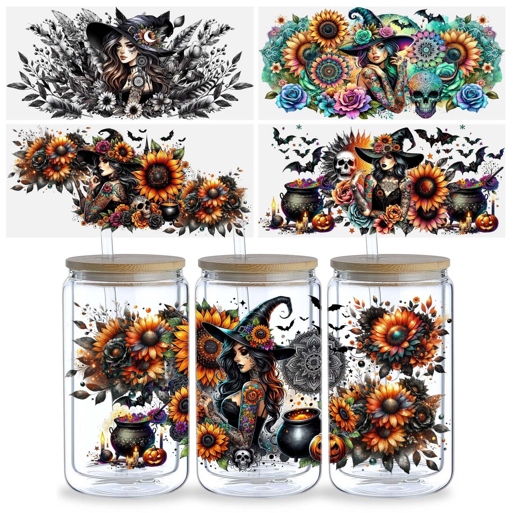 5 sheet Moon Witch UV DTF Cup Stickers, DTF Transfer Stickers, Waterproof Wipe-Off Transfer Paper for 16oz Glass, Mug, Crafts, Furniture