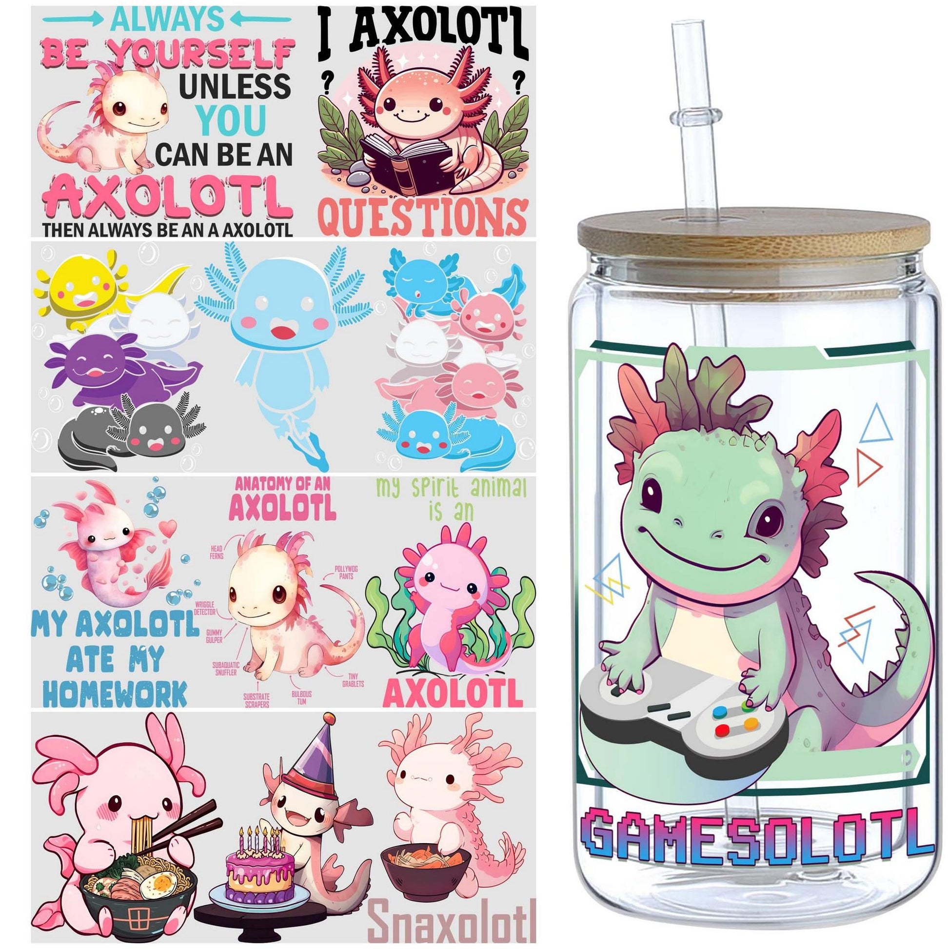 5 Sheet Salamander UV DTF Cup Holder 16 oz, Fun Salamander DTF Cup Holder Transfer Glass, Water Bottle Waterproof Decal, Friction Transfer Sticker, Furniture Crafts