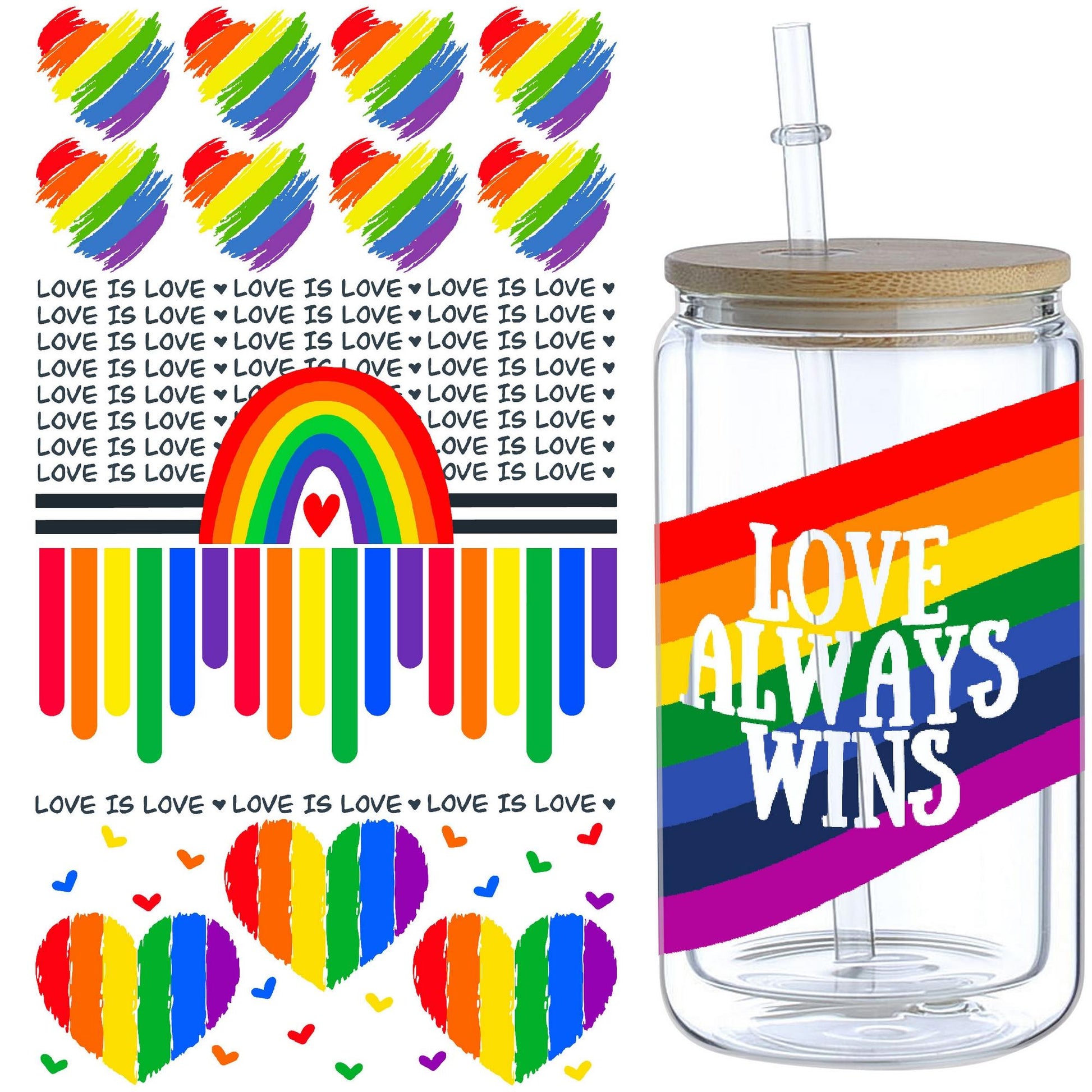 5 sheet love UV DTF cup stickers, glass sports DTF transfer stickers, waterproof LGBT wipe transfer paper for 16 oz glass, mugs, crafts, furniture