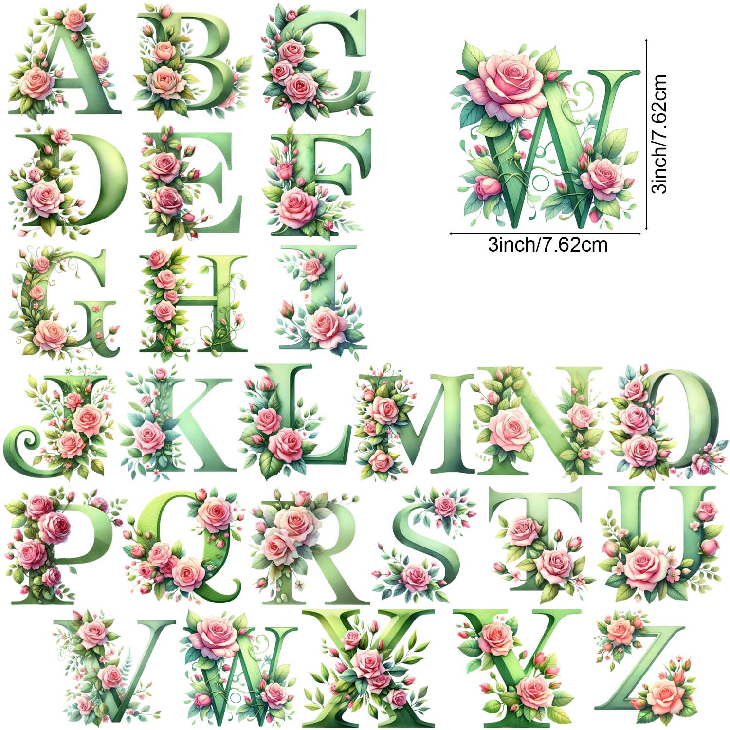 1 set of A-Z letter flower UV DTF transfer stickers, DTF transfer stickers, waterproof wipe transfer stickers, suitable for glasses, cups, crafts