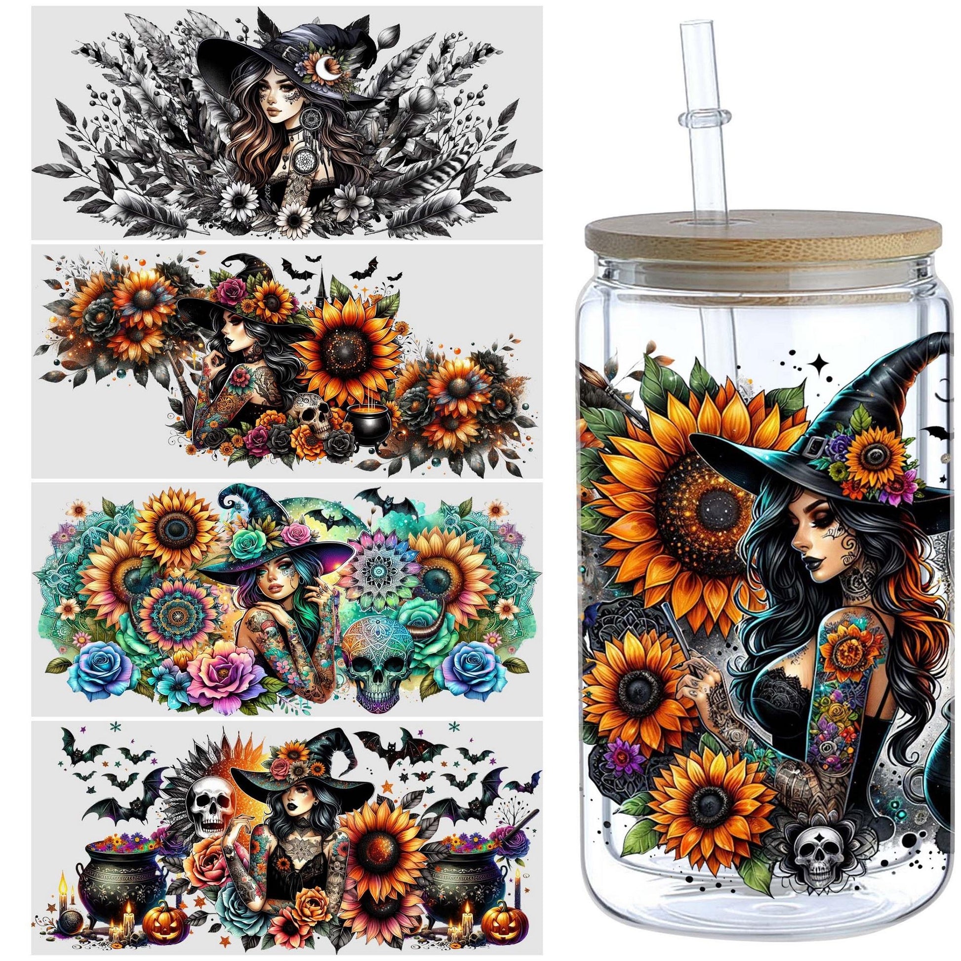 5 sheet Moon Witch UV DTF Cup Stickers, DTF Transfer Stickers, Waterproof Wipe-Off Transfer Paper for 16oz Glass, Mug, Crafts, Furniture