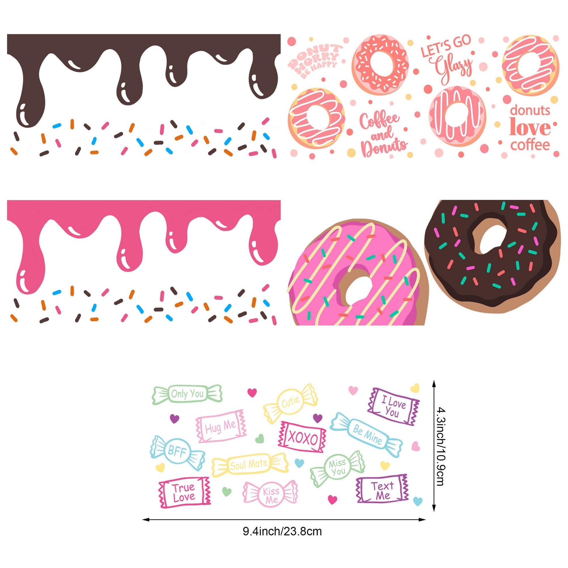 5 Sheet Donut UV DTF Cup Packaging Transfer Stickers for Glass, 16 oz Cup Printed Decals for DIY Making