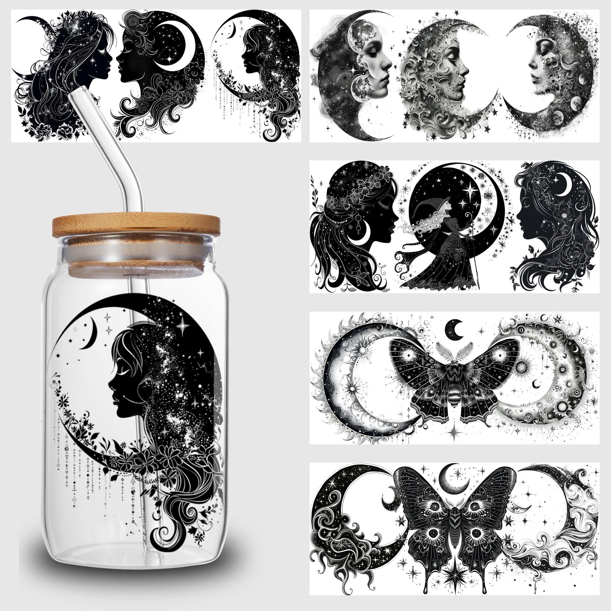 5 sheet Moon Witch UV DTF Cup Stickers, DTF Transfer Stickers, Waterproof Wipe-Off Transfer Paper for 16oz Glass, Mug, Crafts, Furniture