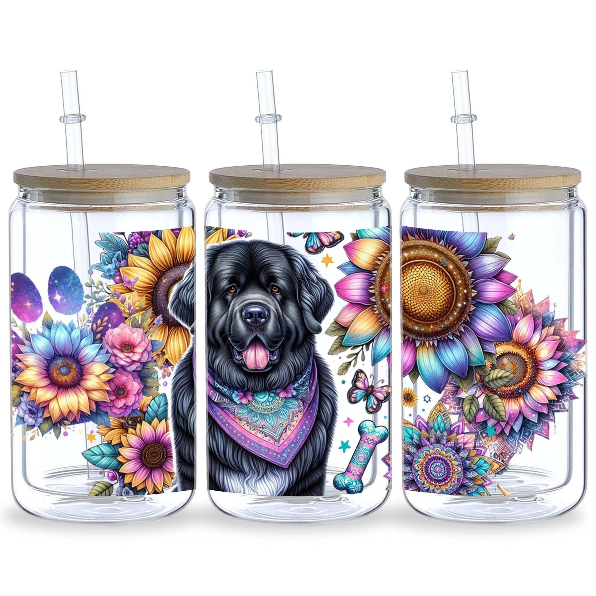 5 Sheets Sunflower Dog UV DTF Cup Stickers, Glass Cup DTF Transfer Stickers, Waterproof Funny Dog Wipeable Transfer Paper for 16 Ounces Glass Cups, Mugs, Crafts, Furniture