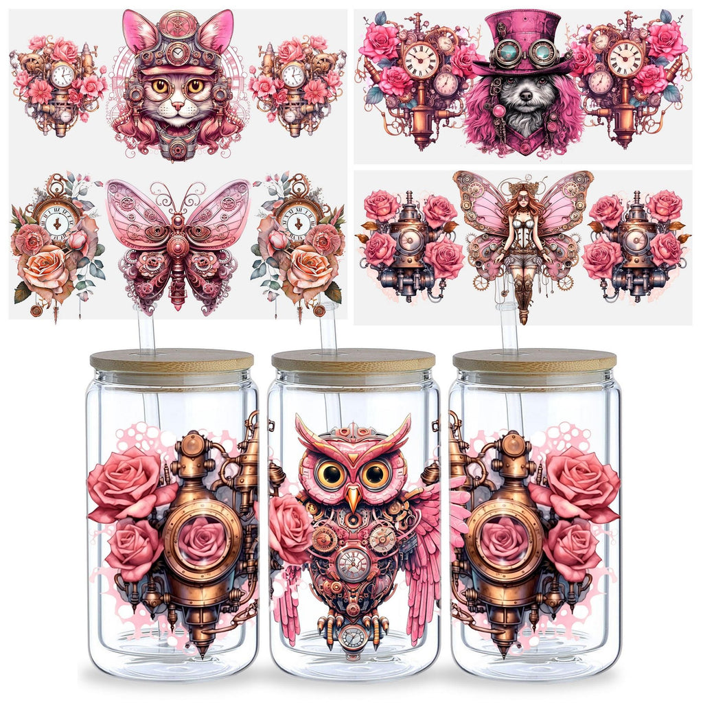 5 Sheets Steampunk UV DTF Cup Wrap,Sport DTF Transfer Stickers for Glass Cup,Waterproof funny Punk animal Rub on Transfers for 16 oz Glass,Mugs,Crafts,Furnitures
