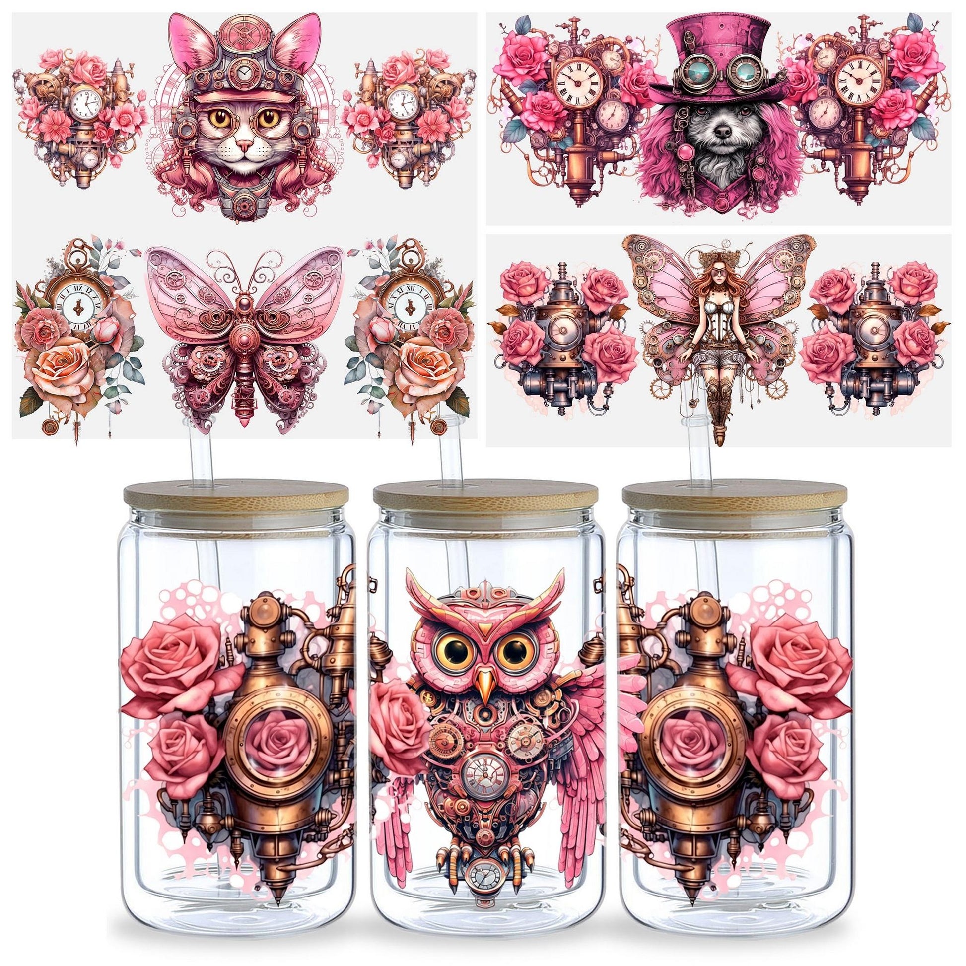 5 Sheets Steampunk UV DTF Cup Wrap,Sport DTF Transfer Stickers for Glass Cup,Waterproof funny Punk animal Rub on Transfers for 16 oz Glass,Mugs,Crafts,Furnitures