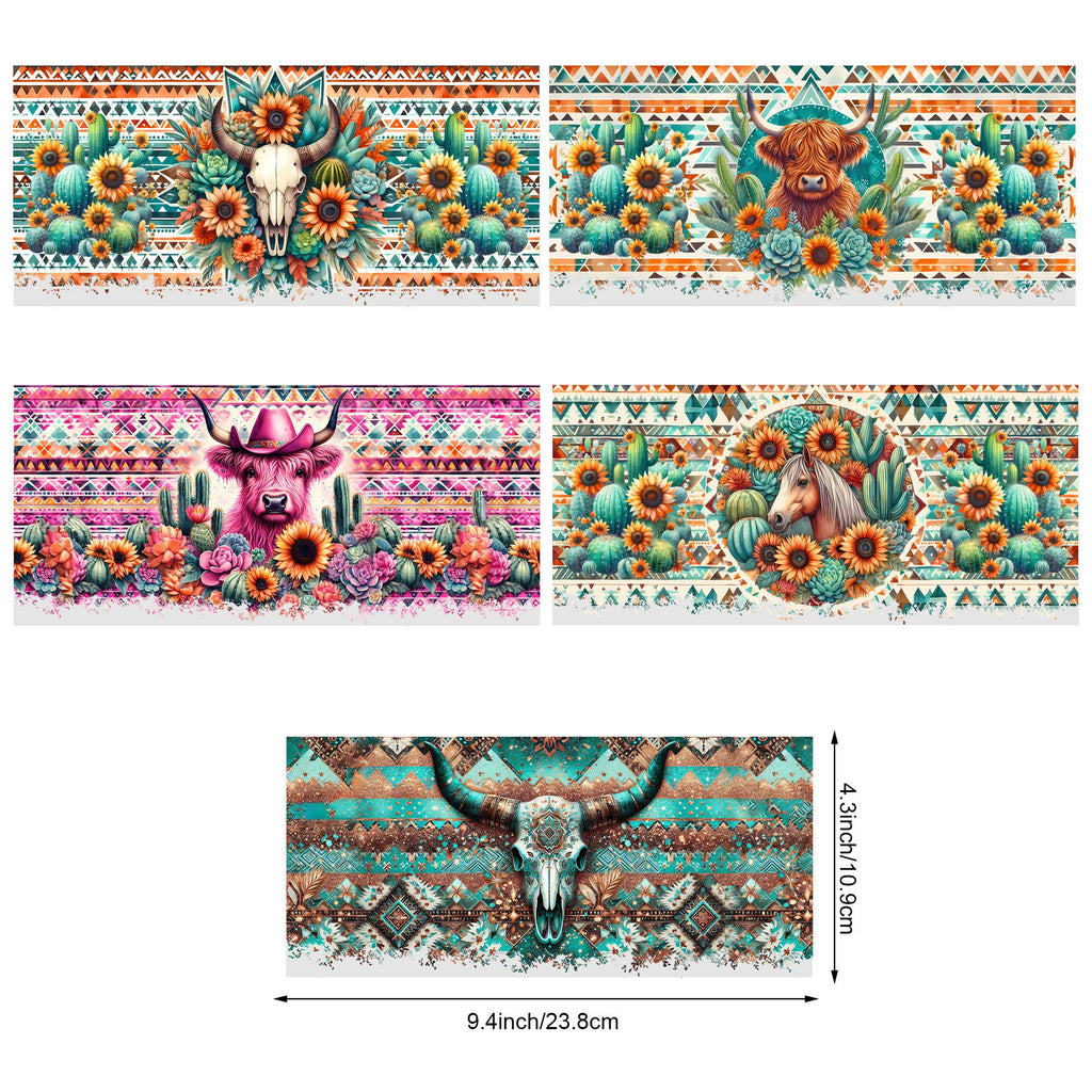 5 Sheets Aztec Animals Western Cactus DTF Cup Stickers, Glass Cup DTF Transfer Stickers, Waterproof Wipeable Transfer Paper for 16 Ounces Glass Cups, Mugs, Crafts, Furniture