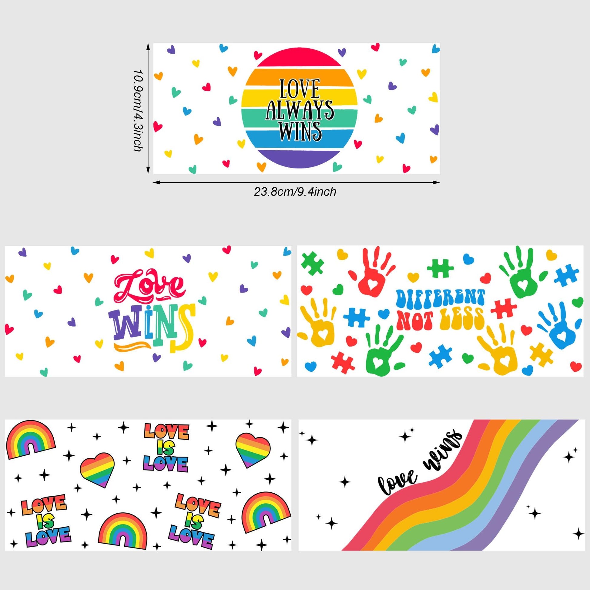 5 sheets love UV DTF cup stickers, glass sports DTF transfer stickers, waterproof LGBT wipe transfer paper for 16 oz glass, mugs, crafts, furniture