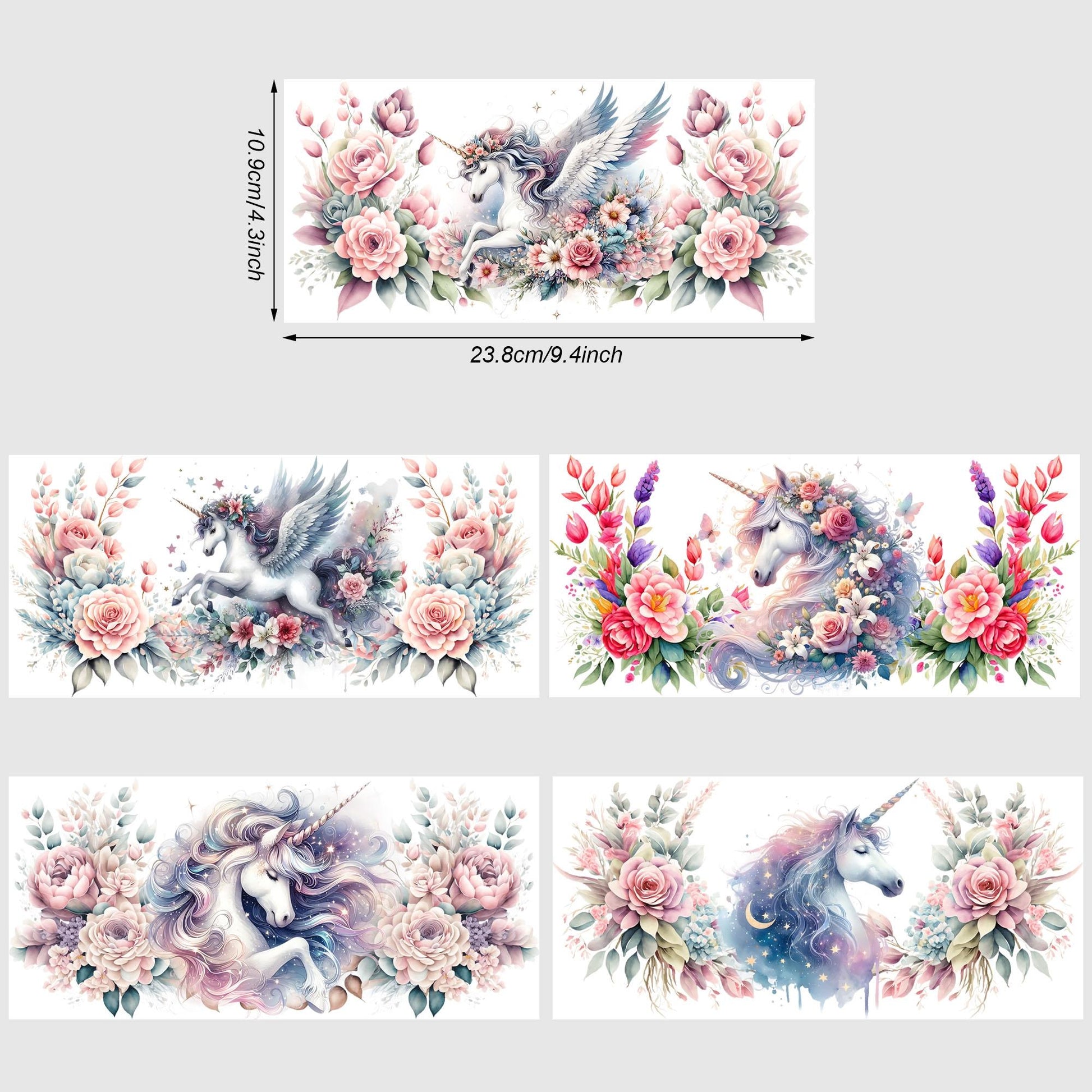 5 Sheets Unicorn UV DTF Cup Stickers, DTF Transfer Stickers, Beautiful Unicorn Waterproof Wipe-Off Transfer Paper for 16oz Glass, Mug, Crafts, Furniture