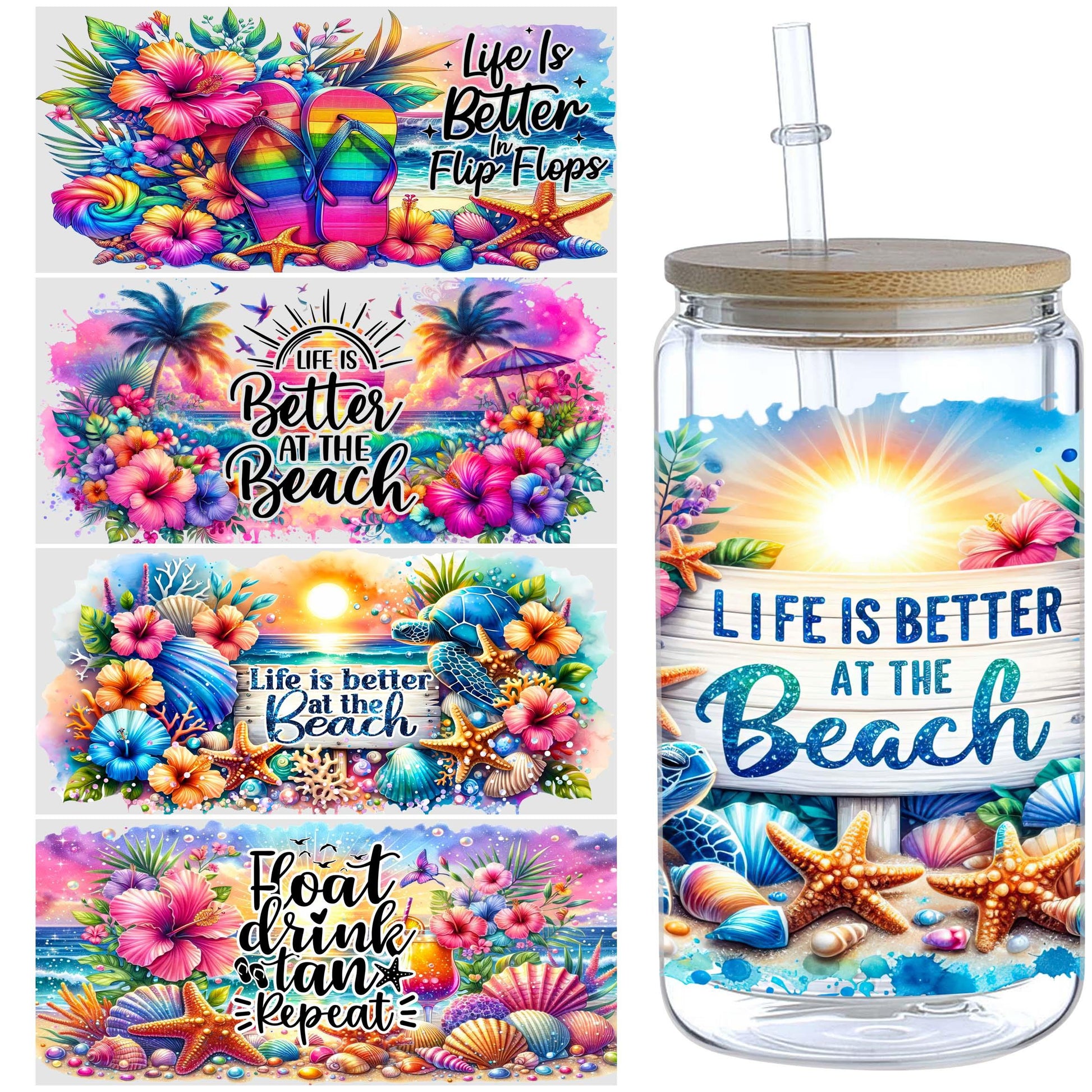5 sheets summer DTF cup stickers, glass cup DTF transfer stickers, waterproof sea wipeable transfer paper, suitable for 16 oz glasses, cups, crafts, furniture