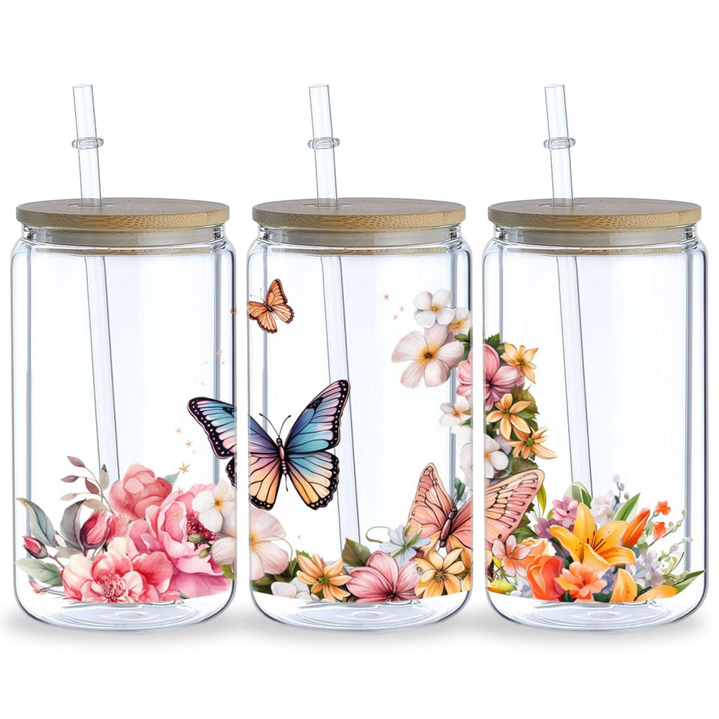 5 Sheets Butterfly and Flowers UV DTF Cup Stickers, Glass Movement DTF Transfer Stickers, Waterproof Wipe Transfer Paper for 16 oz Glass, Mugs, Crafts, Furniture