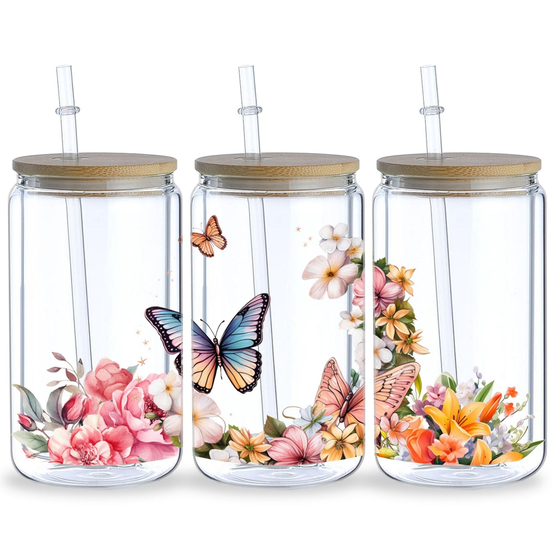 5 Sheets Butterfly and Flowers UV DTF Cup Stickers, Glass Movement DTF Transfer Stickers, Waterproof Wipe Transfer Paper for 16 oz Glass, Mugs, Crafts, Furniture