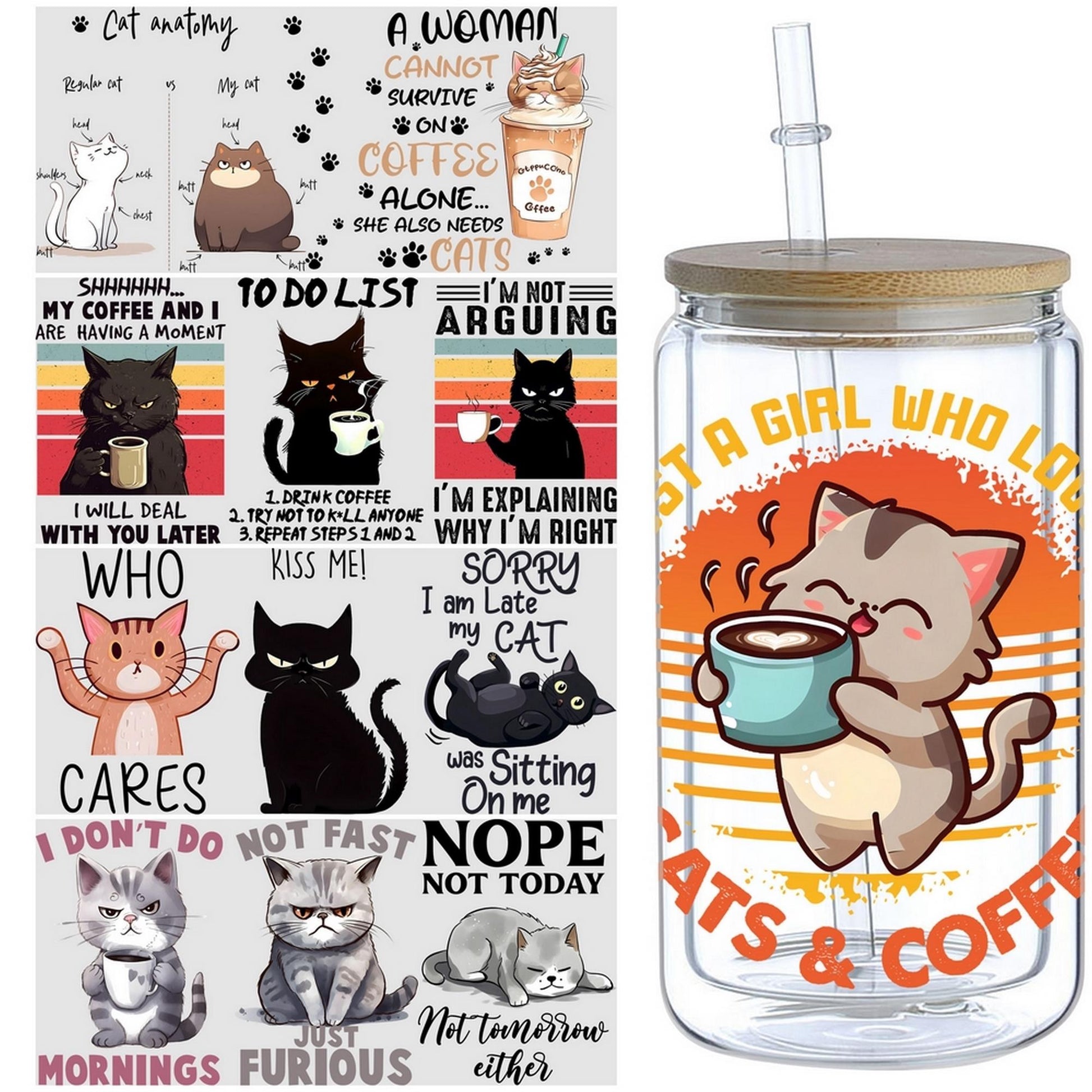 5 Sheets Cat UV DTF Cup Wrap,Sport DTF Transfer Stickers for Glass Cup,Waterproof funny animal Rub on Transfers for 16 oz Glass,Mugs,Crafts,Furnitures