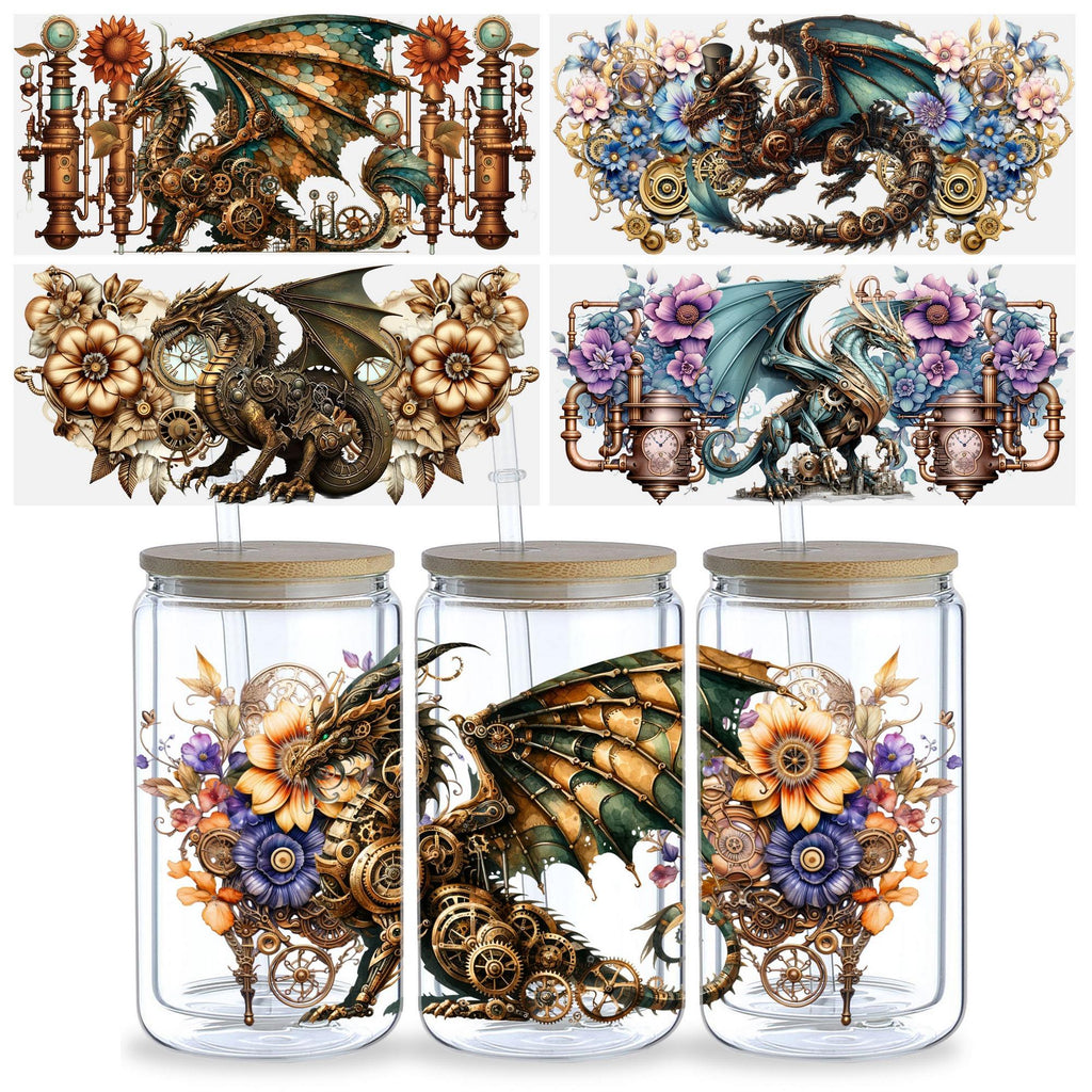 5 Sheets Steampunk UV DTF Cup Stickers 16 oz, DTF Friction Transfer Stickers, Waterproof Steampunk Butterfly, Dragon Stickers for DIY, Furniture, Crafts