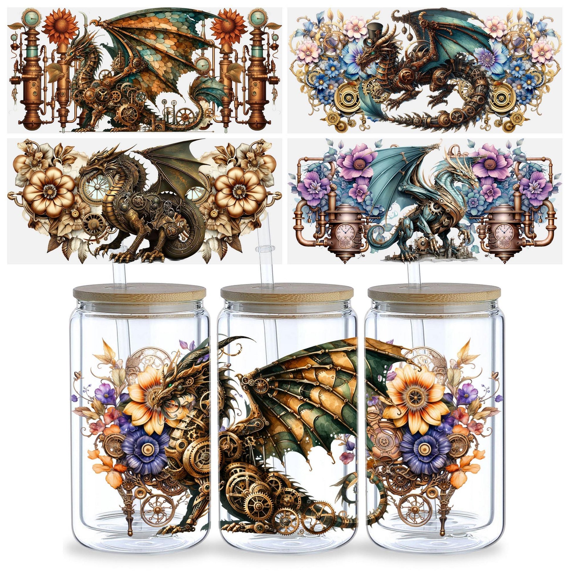 5 Sheets Steampunk UV DTF Cup Stickers 16 oz, DTF Friction Transfer Stickers, Waterproof Steampunk Butterfly, Dragon Stickers for DIY, Furniture, Crafts