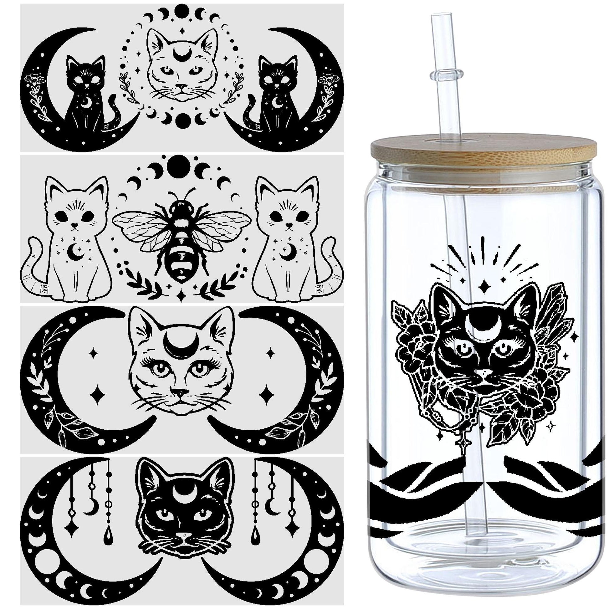 5 sheets Magic Cat UV DTF Cup Stickers, Glass Cup DTF Transfer Stickers, Waterproof Wipeable Transfer Paper for 16oz Glass Cups, Mugs, Crafts, Furniture
