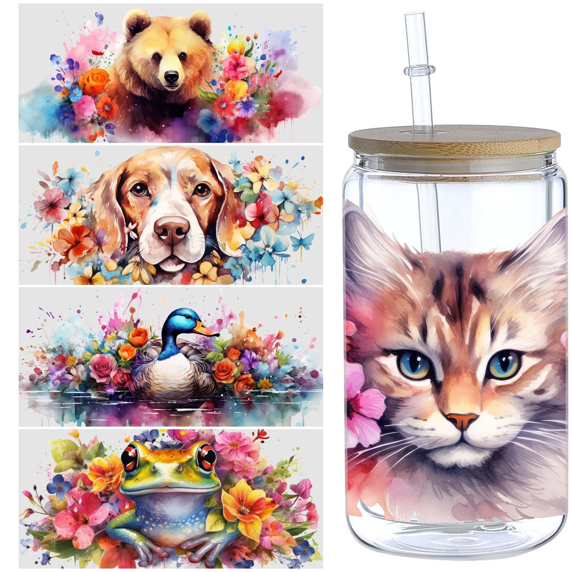 5 Sheets Sunflower Dog UV DTF Cup Stickers, Glass Cup DTF Transfer Stickers, Waterproof Funny Dog Wipeable Transfer Paper for 16 Ounces Glass Cups, Mugs, Crafts, Furniture