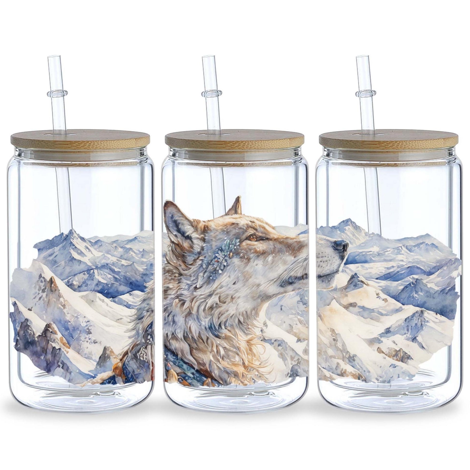 5pcs Wolf-Themed UV DTF Transfer Stickers for 16oz Glass Cups - Waterproof, Scratch-Resistant DIY Decals Featuring Snowy Landscape and Wildlife, Ideal for Home, School, and Craft Projects