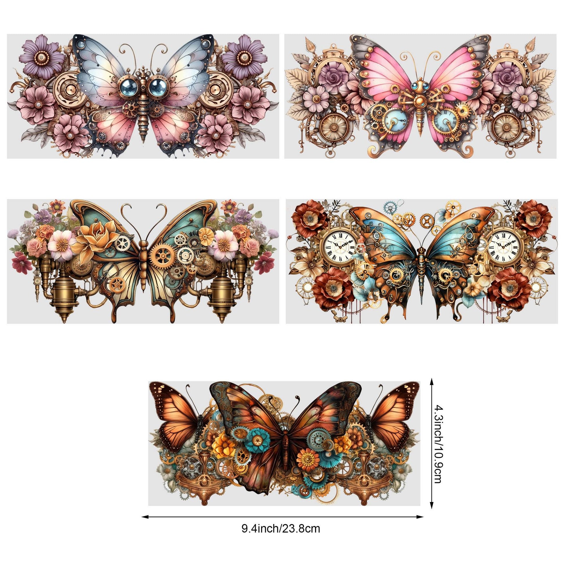 5 Sheets Steampunk UV DTF Cup Stickers 16 oz, DTF Friction Transfer Stickers, Waterproof Steampunk Butterfly, Dragon Stickers for DIY, Furniture, Crafts