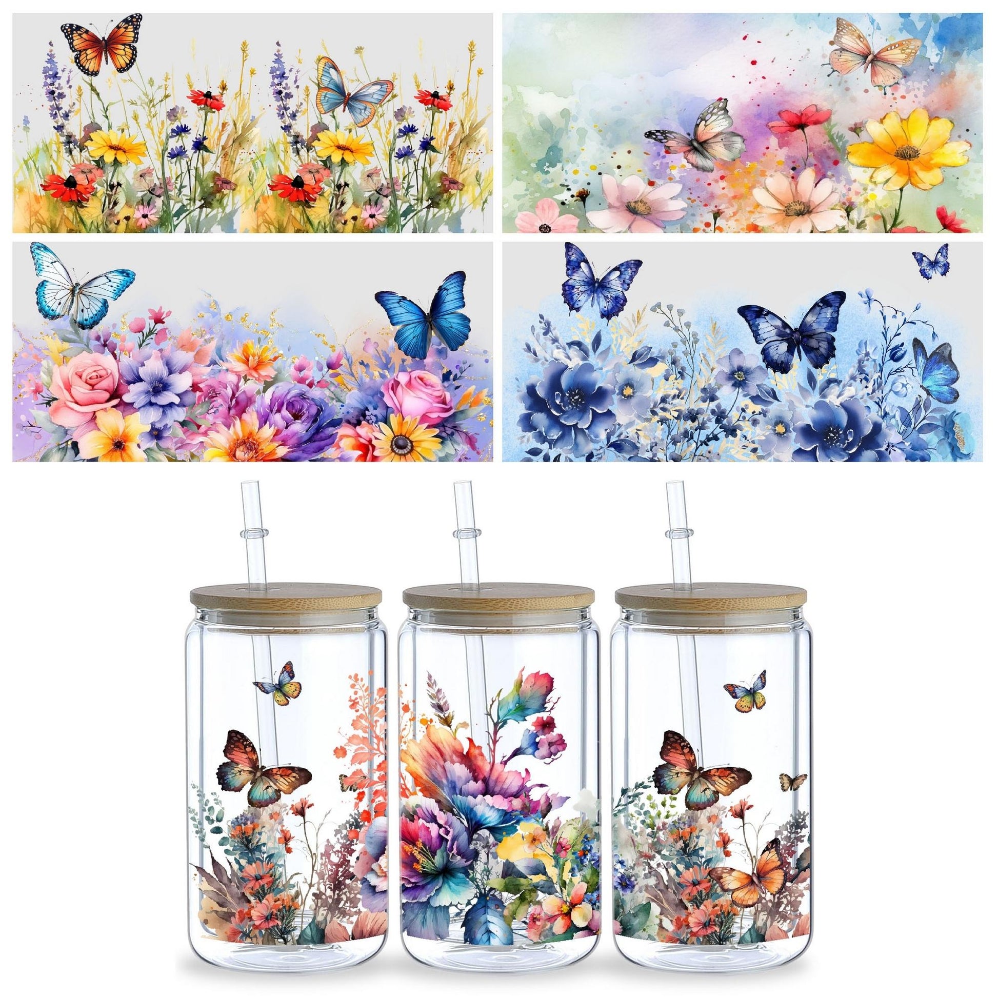 5sheets Butterfly And Flower UV Waterproof Self-Adhesive Paper For Cups And Water Bottle Stickers, DTF Grade Stickers For 16 Oz Glass