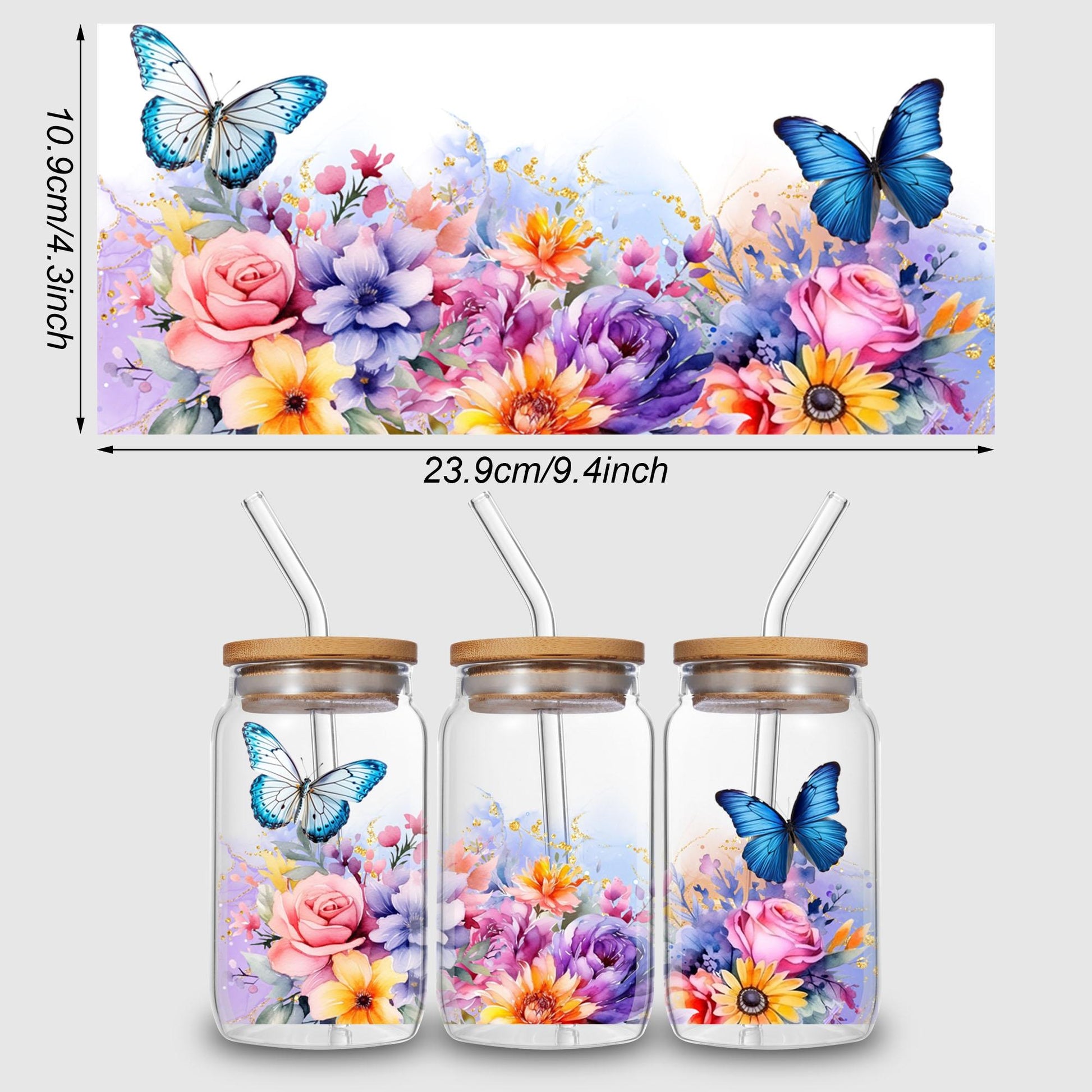 5 Sheets Butterfly and Flowers UV DTF Cup Stickers, Glass Sport DTF Transfer Stickers, Waterproof Plant Wipe Transfer Paper for 16 oz Glass, Mugs, Crafts, Furniture
