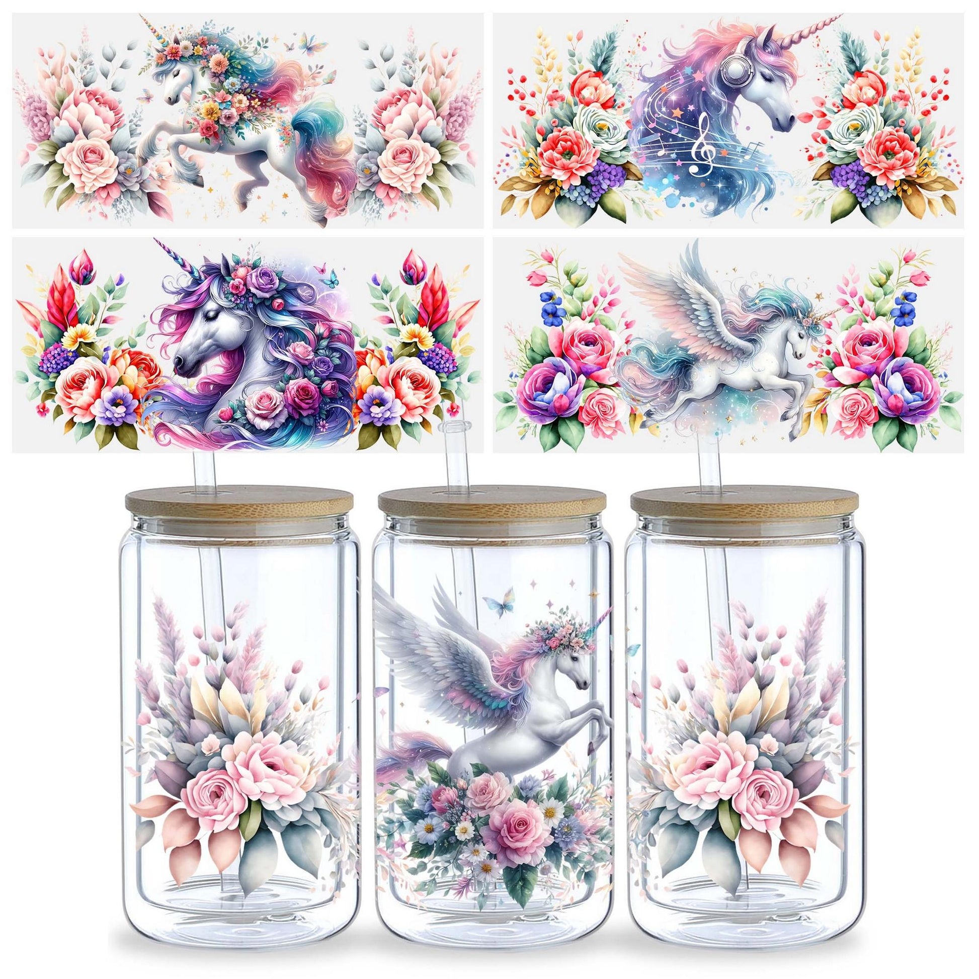 5 Sheets Unicorn UV DTF Cup Holder 16 oz, Beautiful Unicorn DTF Cup Holder Transfer Glass, Water Bottle Waterproof Sticker, Friction Transfer Sticker, Furniture Crafts
