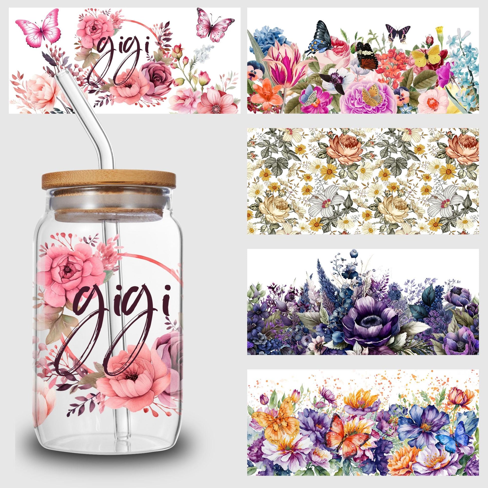 5 Sheets flowers UV DTF Cup Wrap,Sport DTF Transfer Stickers for Glass Cup,Waterproof plant Rub on Transfers for 16 oz Glass,Mugs,Crafts,Furnitures