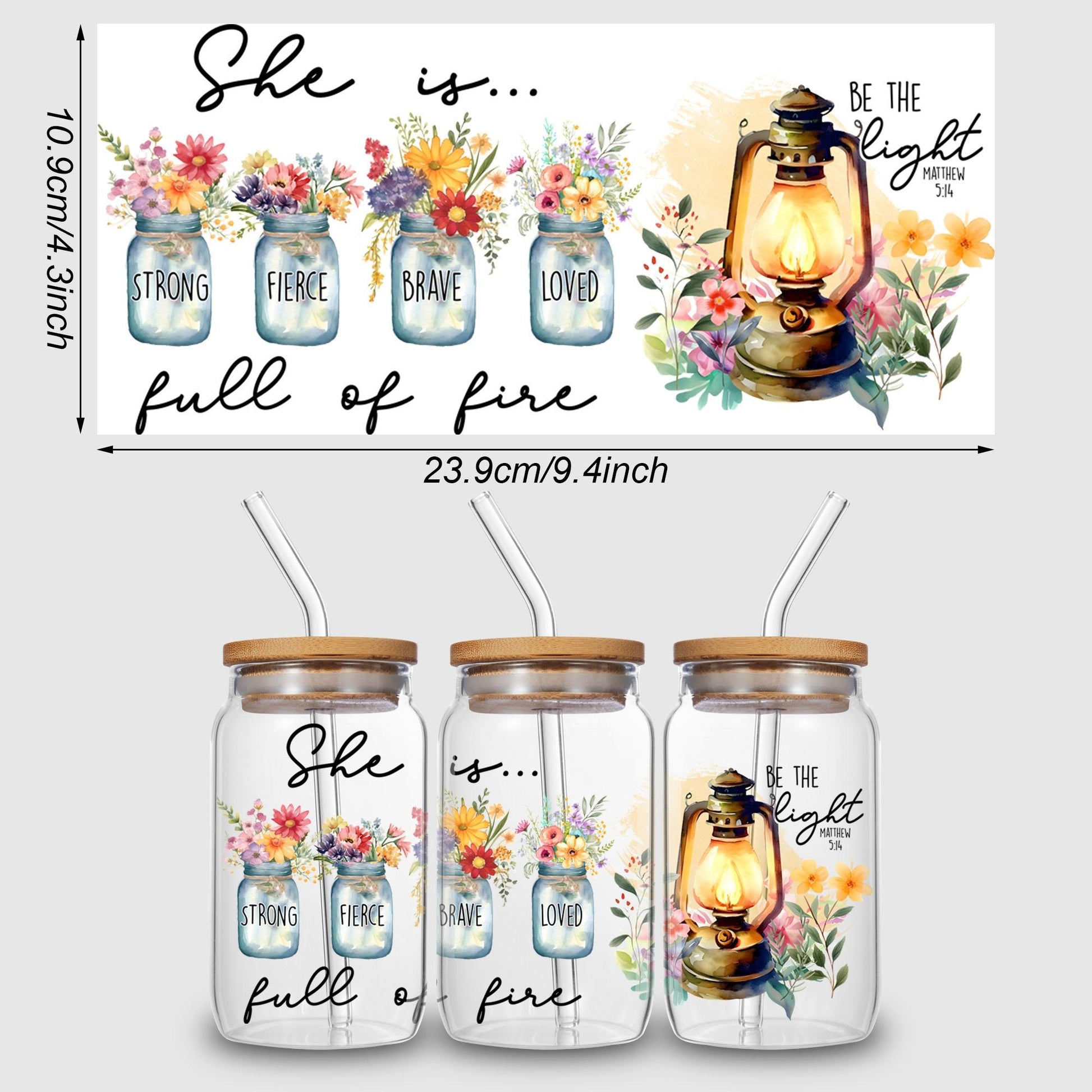 5 sheets Inspiring UV DTF Cup Stickers, Glass Sport DTF Transfer Stickers, Waterproof Plant Wipe Transfer Paper for 16oz Glass, Mug, Crafts, Furniture
