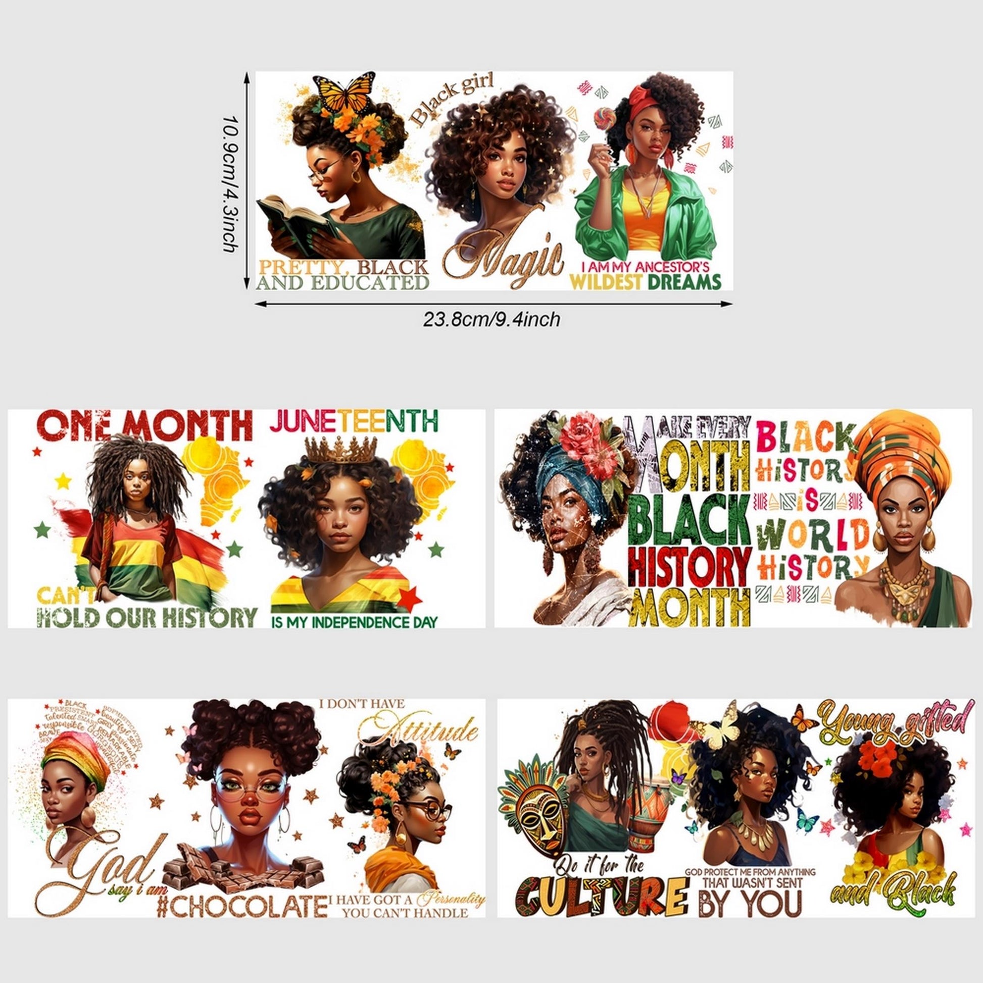 5 sheets black woman UV DTF cup stickers, glass sports DTF transfer stickers, waterproof wipe transfer paper for 16 oz glass, mugs, crafts, furniture