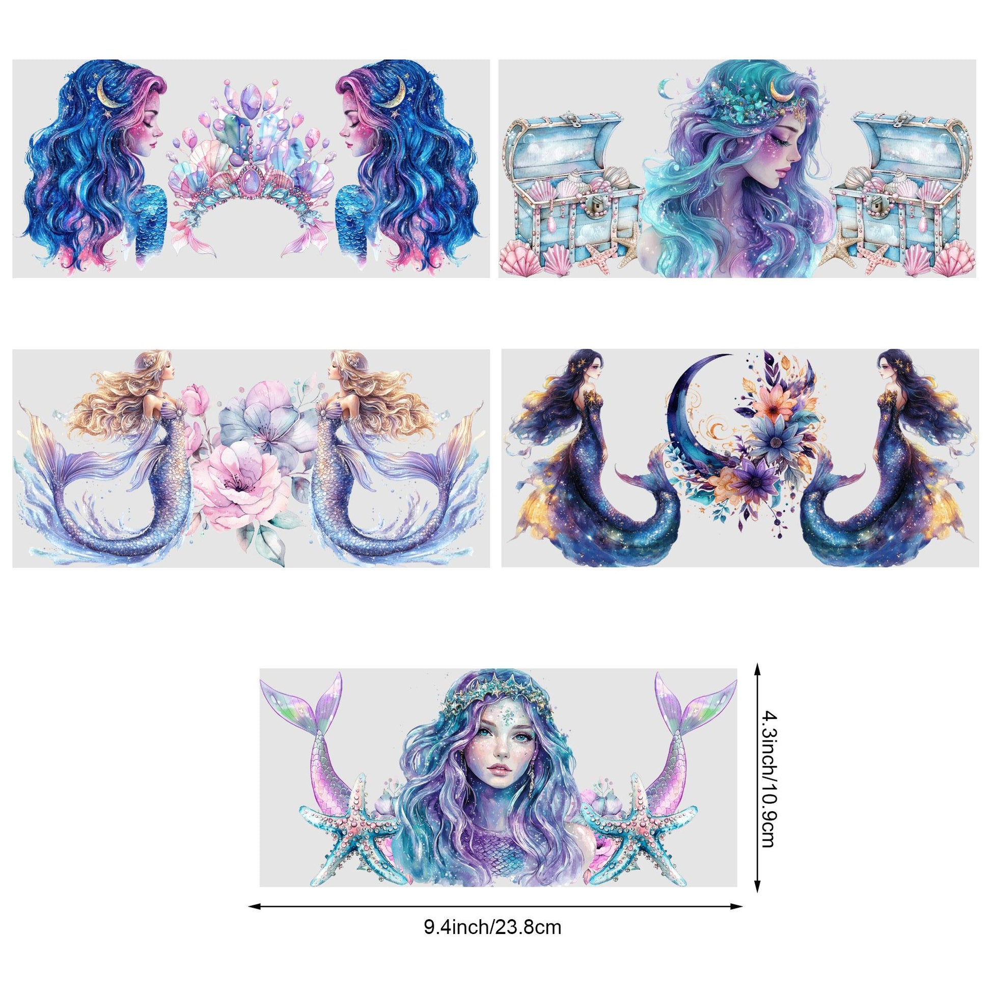 5 Sheets Mermaid UV DTF Cup Stickers, Glass Cup DTF Transfer Stickers, Waterproof Beautiful Mermaid Wipeable Transfer Paper for 16 Ounces Glass Cups, Mugs, Crafts, Furniture