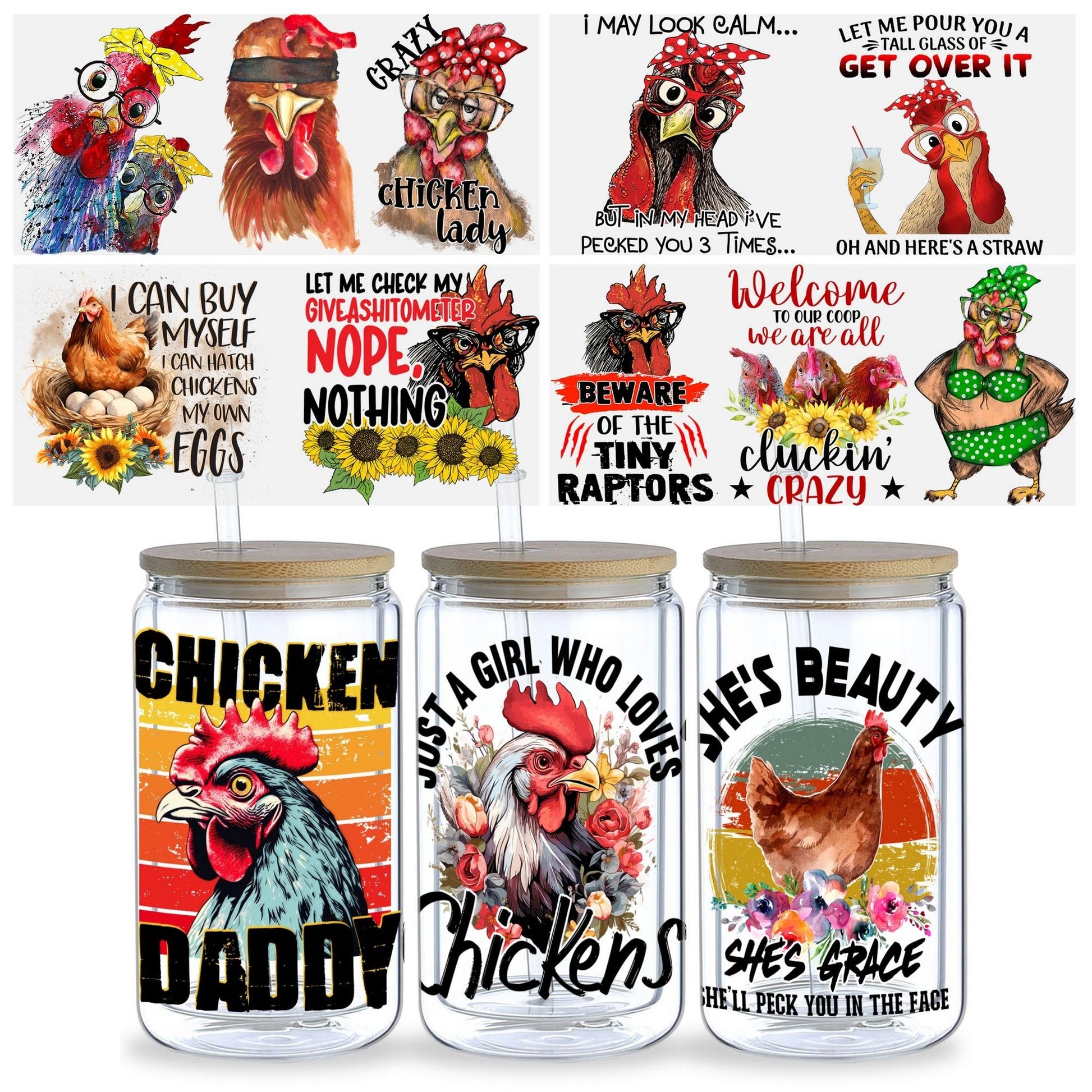 5 Sheets chicken UV DTF Cup Wrap,Sport DTF Transfer Stickers for Glass Cup,Waterproof funny chick Rub on Transfers for 16 oz Glass,Mugs,Crafts,Furnitures