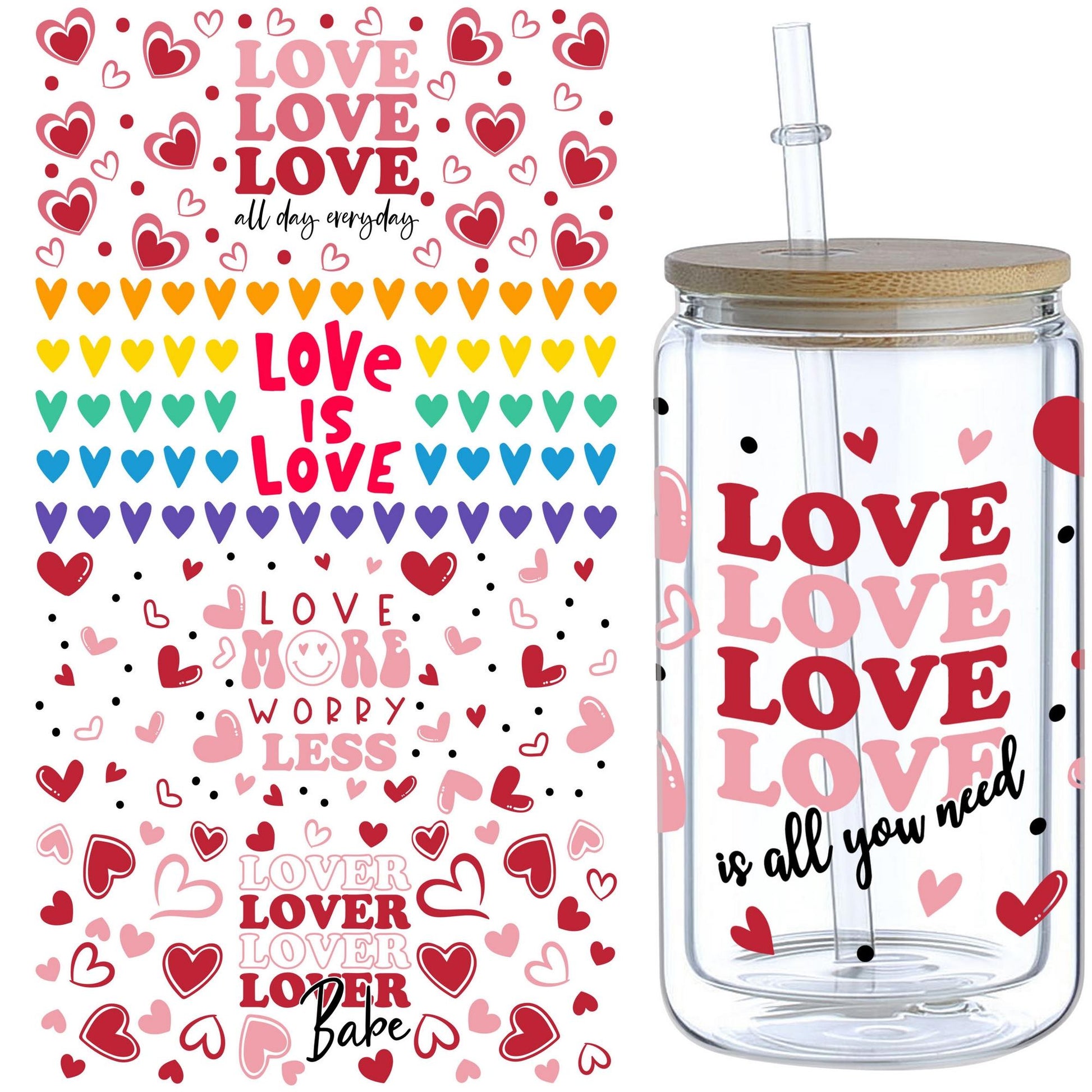 5 sheep Valentine's Day Hearts UV DTF Cup Wrap Glass Transfer Stickers, 16 oz Cup Printing Decal, Suitable for DIY Making