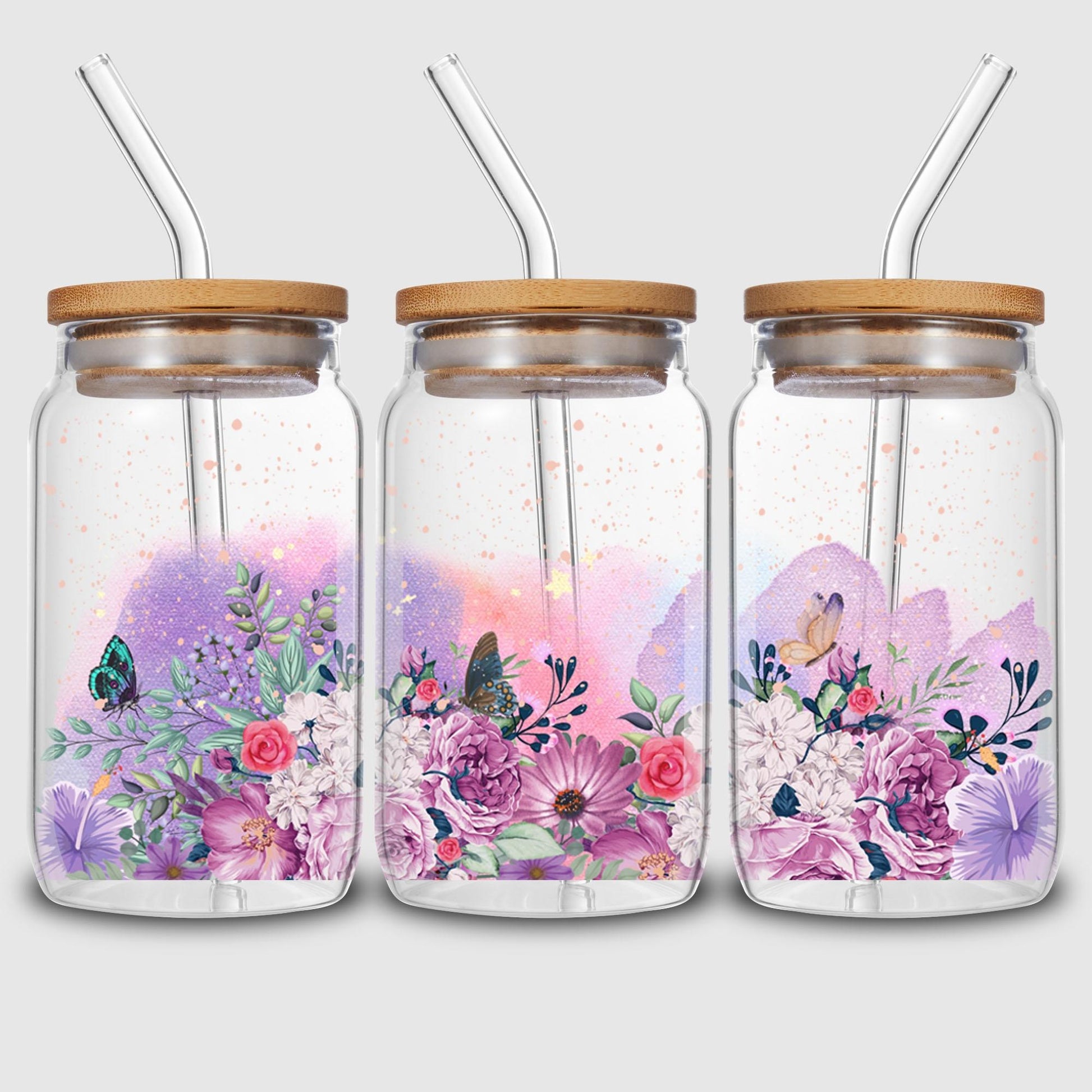 5 Sheets Butterfly and Flowers UV DTF Cup Stickers, Glass Sport DTF Transfer Stickers, Waterproof Plant Wipe Transfer Paper for 16 oz Glass, Mugs, Crafts, Furniture