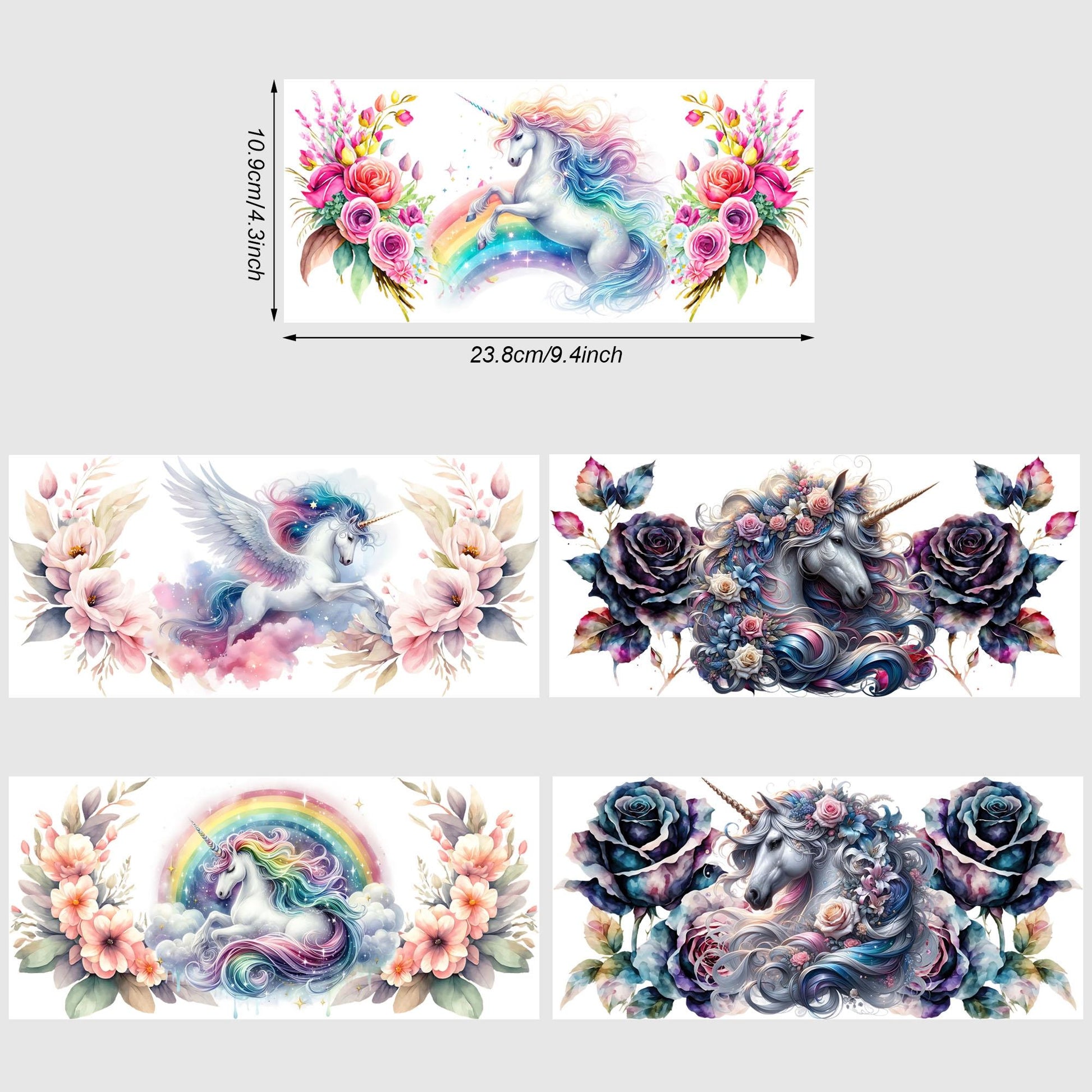 5 Sheets Unicorn UV DTF Cup Stickers, DTF Transfer Stickers, Beautiful Unicorn Waterproof Wipe-Off Transfer Paper for 16oz Glass, Mug, Crafts, Furniture