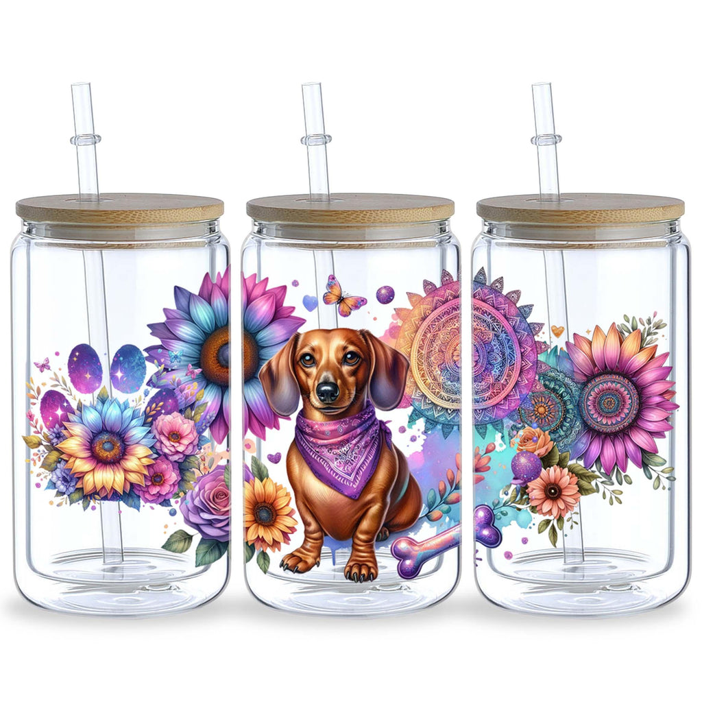 5 Sheets Sunflower Dog UV DTF Cup Stickers, Glass Cup DTF Transfer Stickers, Waterproof Funny Dog Wipeable Transfer Paper for 16 Ounces Glass Cups, Mugs, Crafts, Furniture