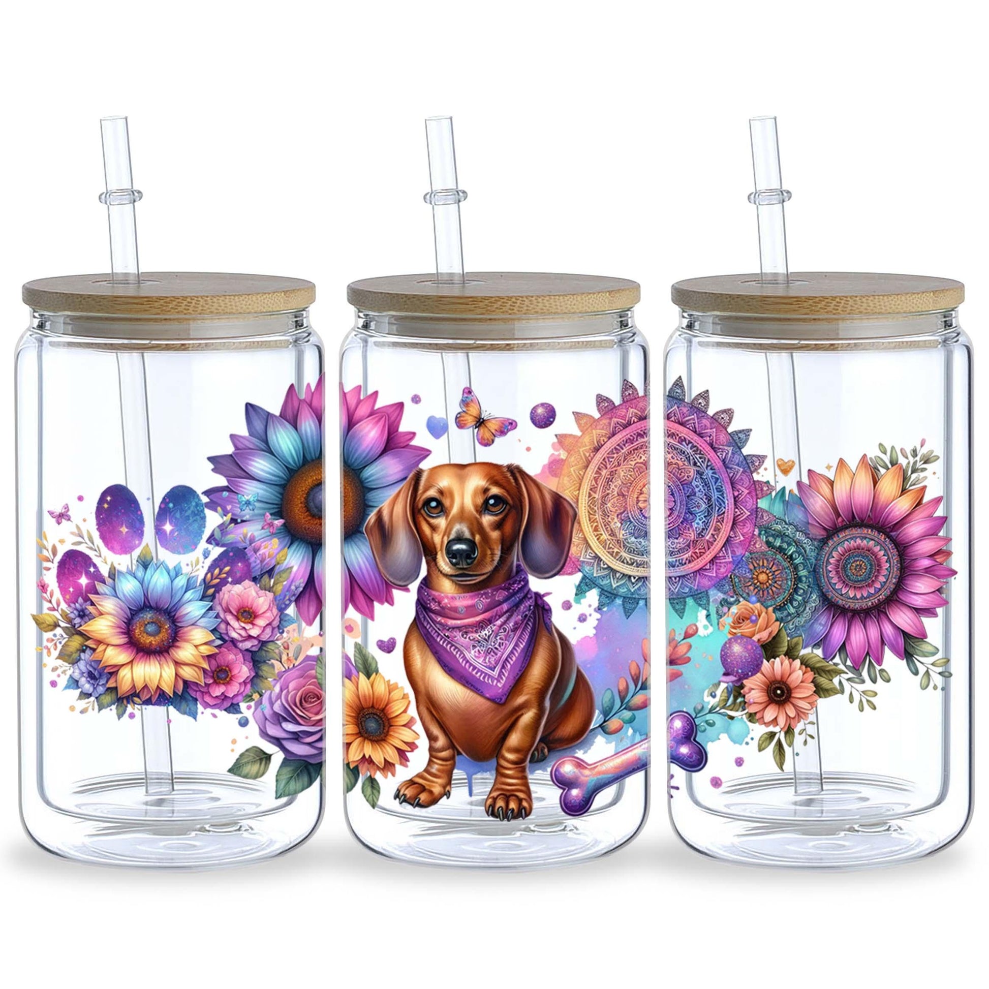5 Sheets Sunflower Dog UV DTF Cup Stickers, Glass Cup DTF Transfer Stickers, Waterproof Funny Dog Wipeable Transfer Paper for 16 Ounces Glass Cups, Mugs, Crafts, Furniture