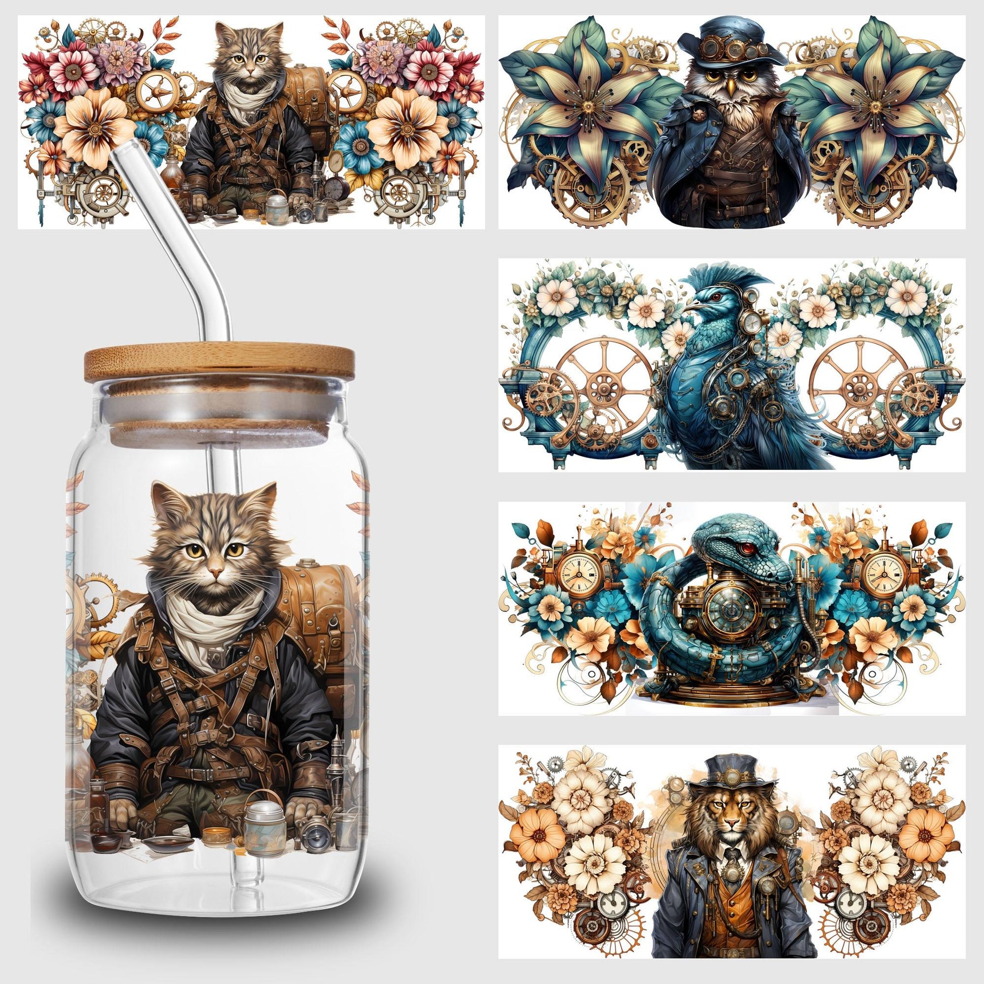 5 Sheets Steampunk UV DTF Cup Wrap,Sport DTF Transfer Stickers for Glass Cup,Waterproof funny Punk animal Rub on Transfers for 16 oz Glass,Mugs,Crafts,Furnitures