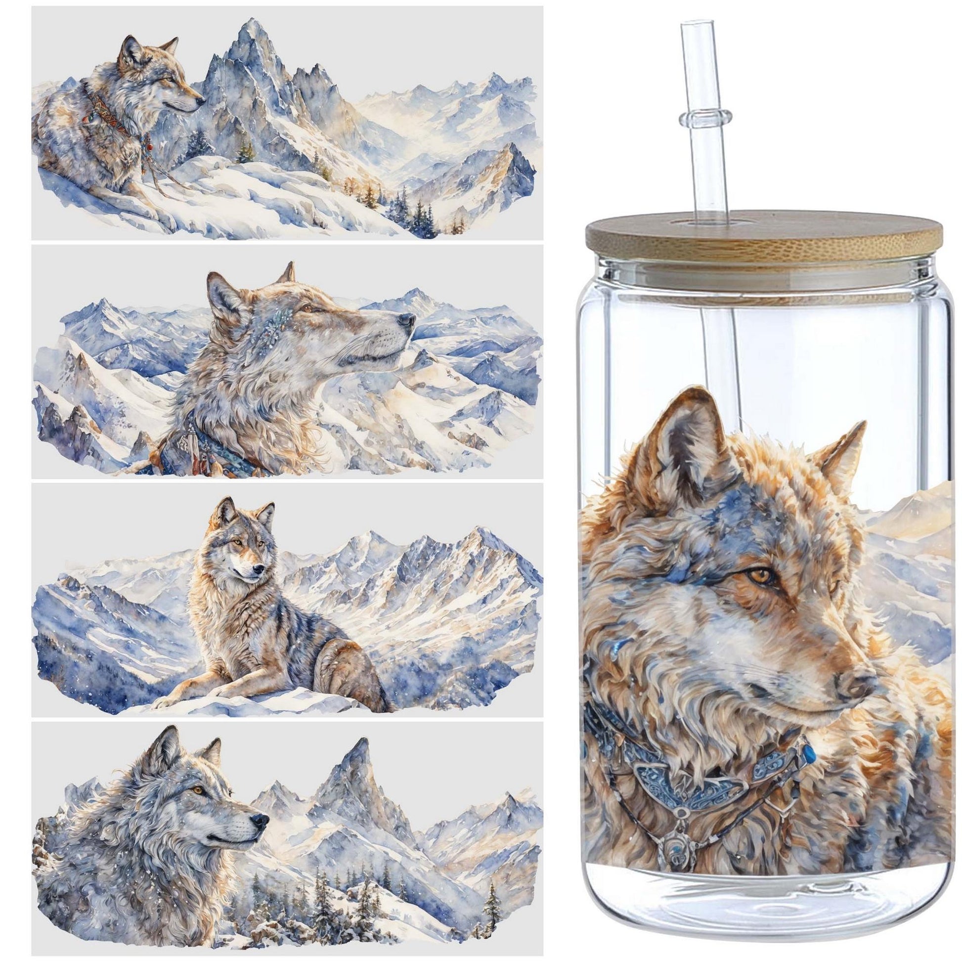 5pcs Wolf-Themed UV DTF Transfer Stickers for 16oz Glass Cups - Waterproof, Scratch-Resistant DIY Decals Featuring Snowy Landscape and Wildlife, Ideal for Home, School, and Craft Projects