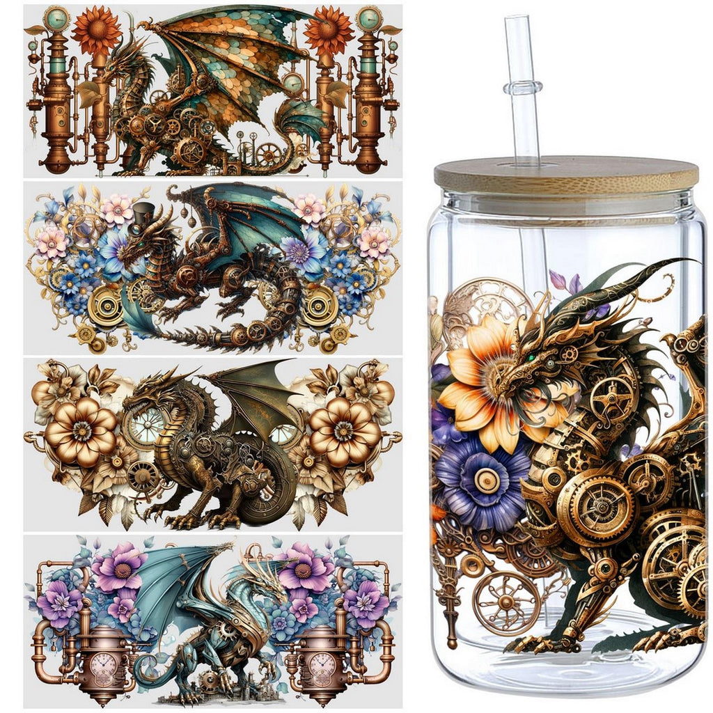 5 Sheets Steampunk UV DTF Cup Stickers 16 oz, DTF Friction Transfer Stickers, Waterproof Steampunk Butterfly, Dragon Stickers for DIY, Furniture, Crafts