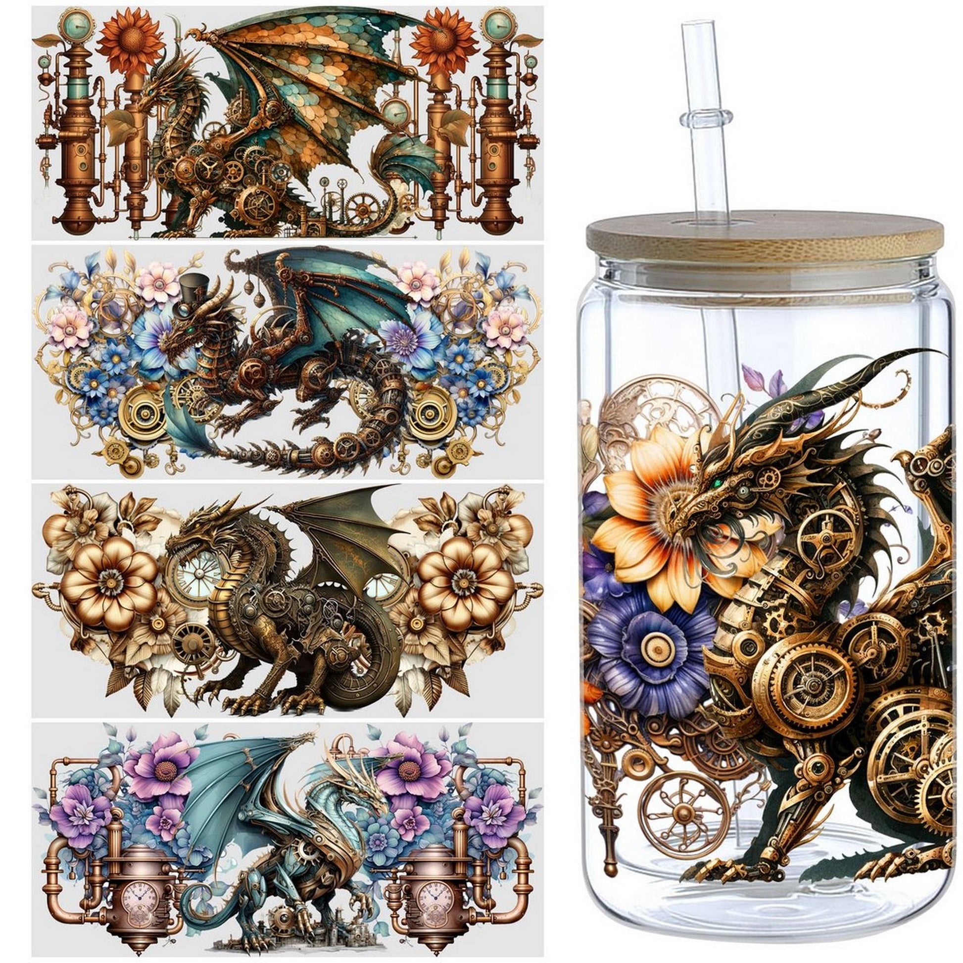 5 Sheets Steampunk UV DTF Cup Stickers 16 oz, DTF Friction Transfer Stickers, Waterproof Steampunk Butterfly, Dragon Stickers for DIY, Furniture, Crafts
