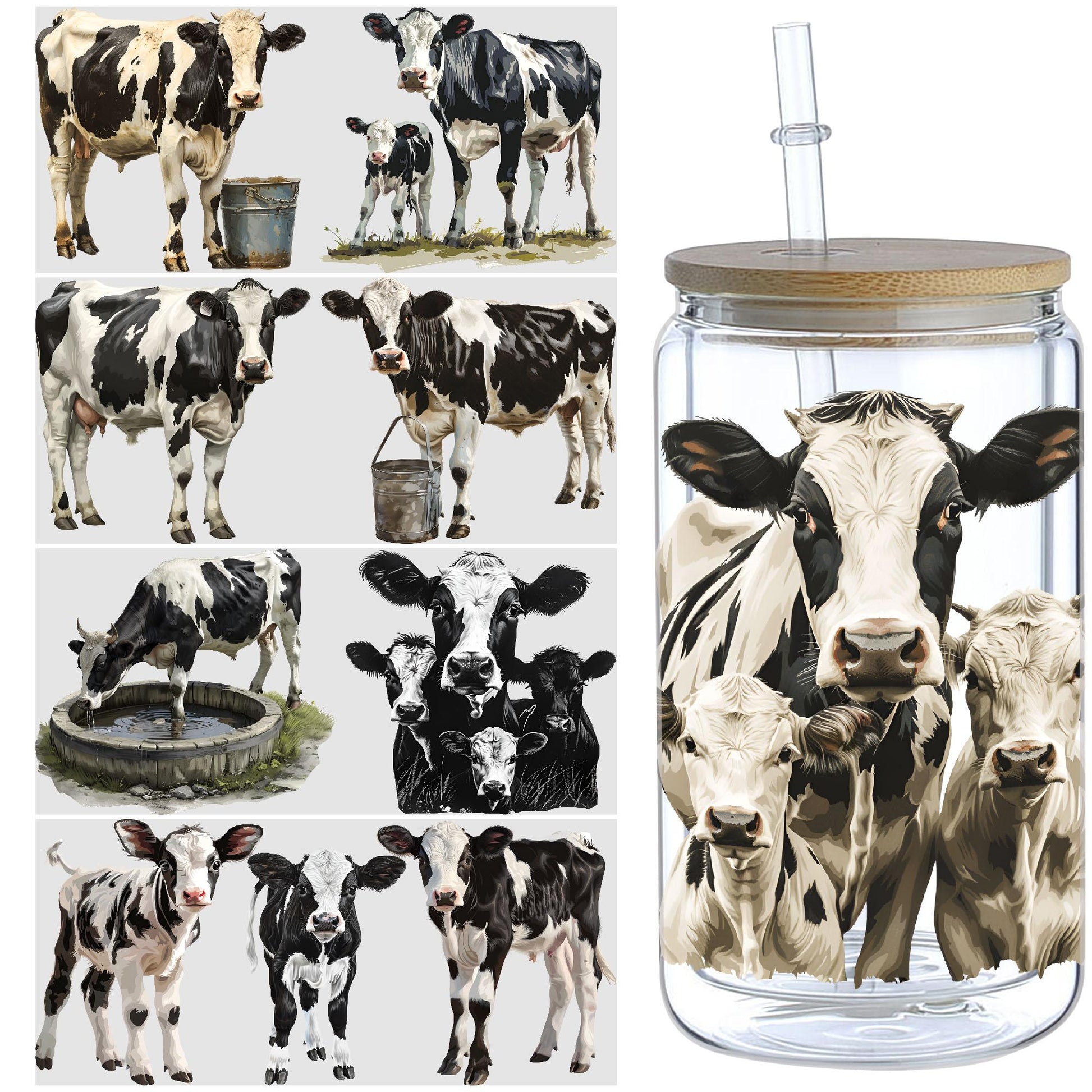5 sheets cow DTF cup stickers, glass cup DTF transfer stickers, waterproof and wipeable transfer paper, suitable for 16 ounce glasses, cups, crafts, furniture