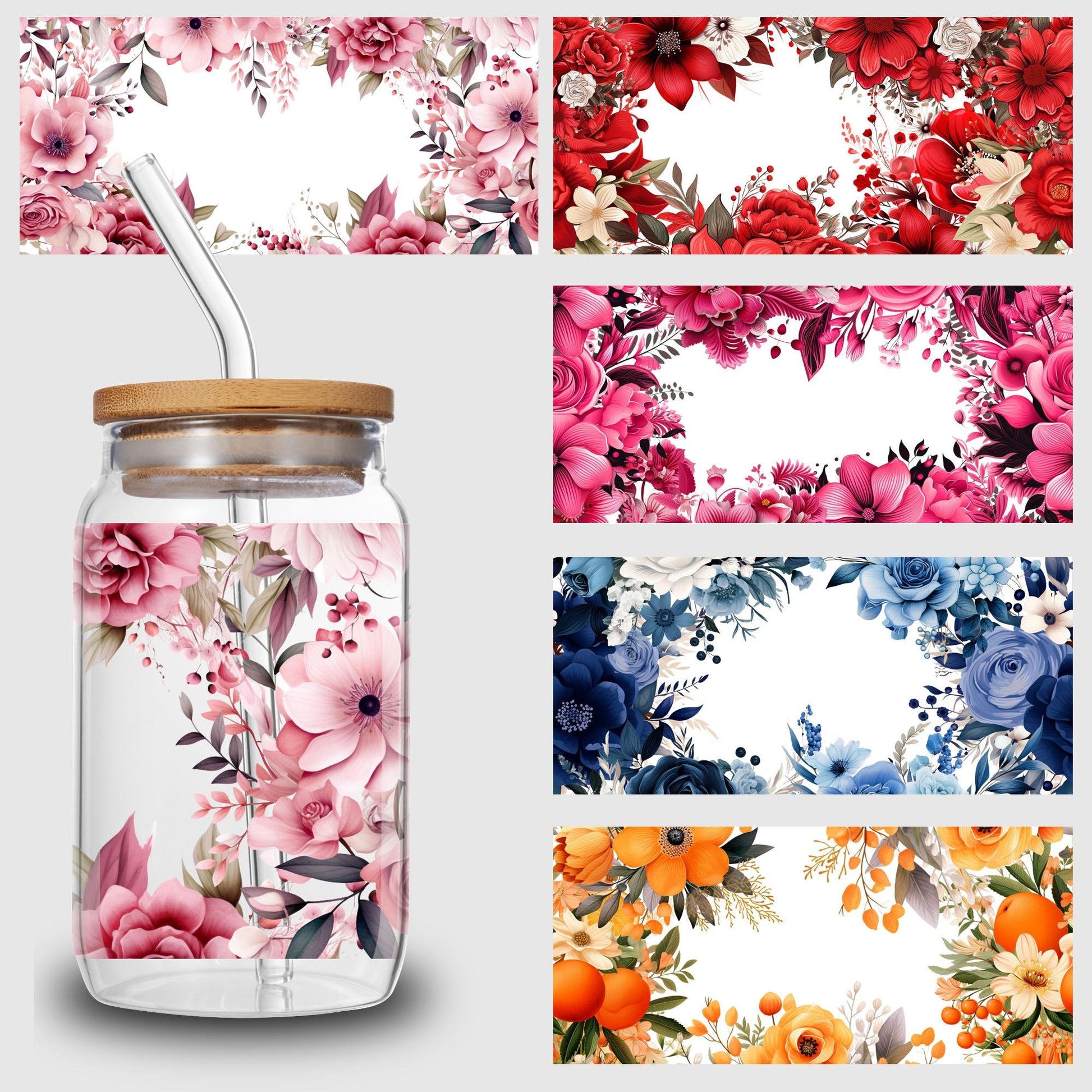 5 sheets flowers UV DTF Cup sticker, glass movement DTF transfer decal, waterproof wipe transfer paper, suitable for 16 oz glass, CUP, crafts, furniture