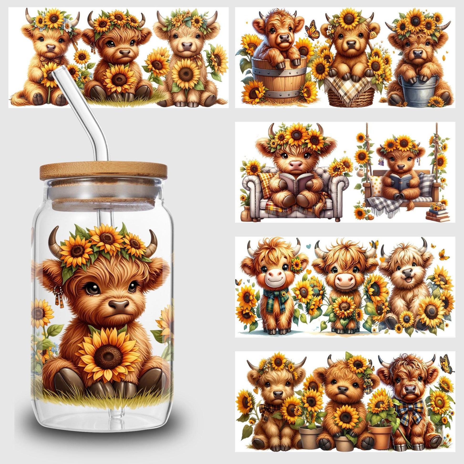 5 Sheets Cow Sunflower UV DTF Cup Stickers, Glass Movement DTF Transfer Stickers, Waterproof Beautiful Wipe-On Transfers for 16 oz Glass, Mugs, Crafts, Furniture