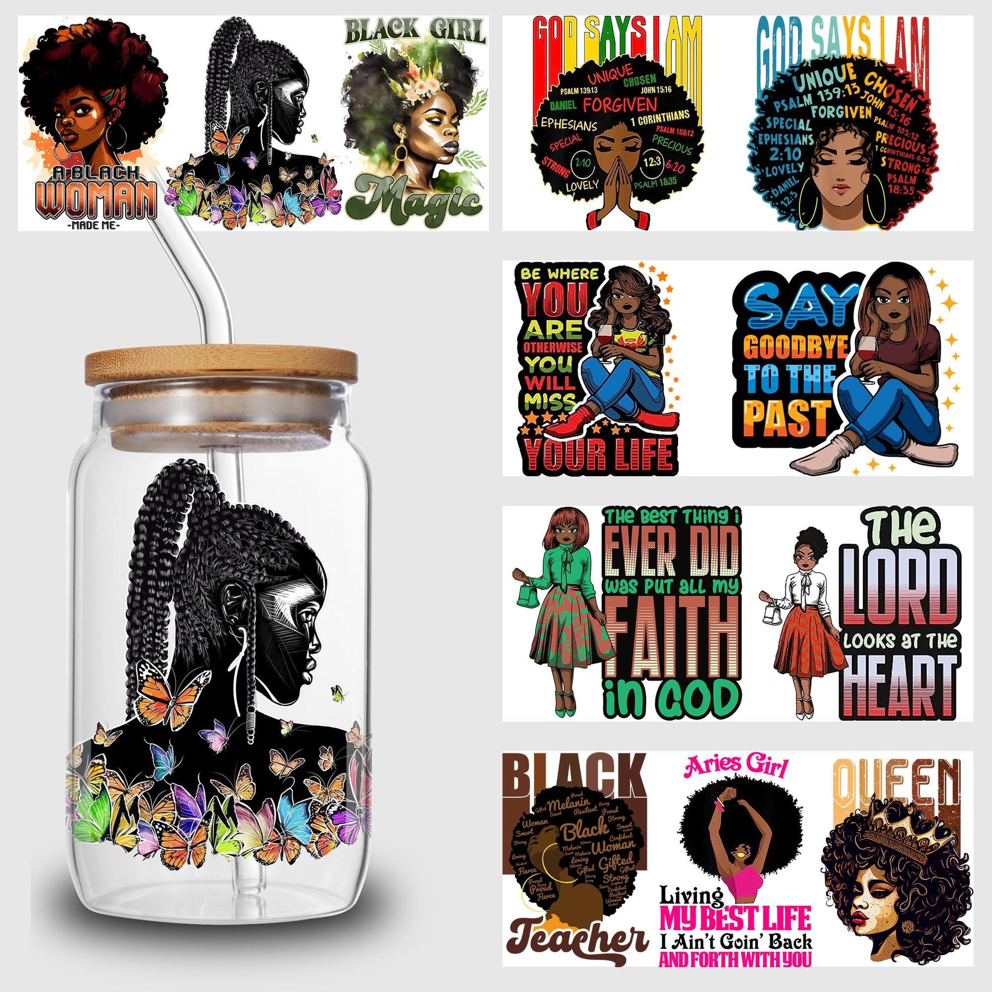 5 sheets black woman UV DTF cup stickers, glass sports DTF transfer stickers, waterproof wipe transfer paper for 16 oz glass, mugs, crafts, furniture