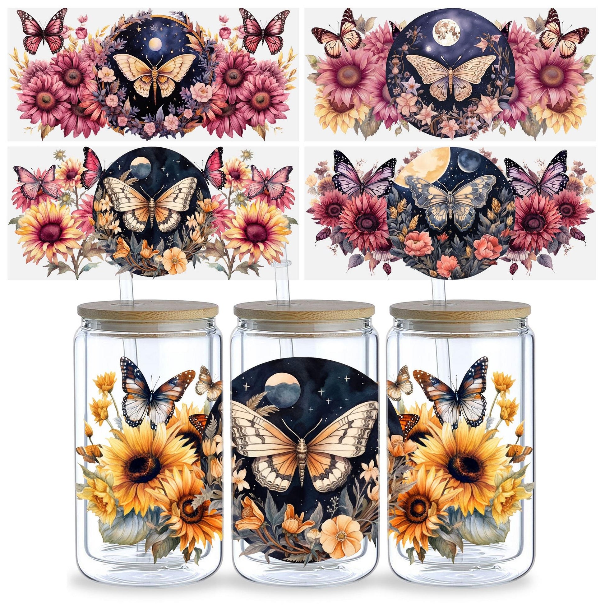 5 Sheets Butterfly UV DTF Glass Cup Wrap Transfer Stickers, DTF Transfer Stickers, Waterproof Wipe-Off Transfer