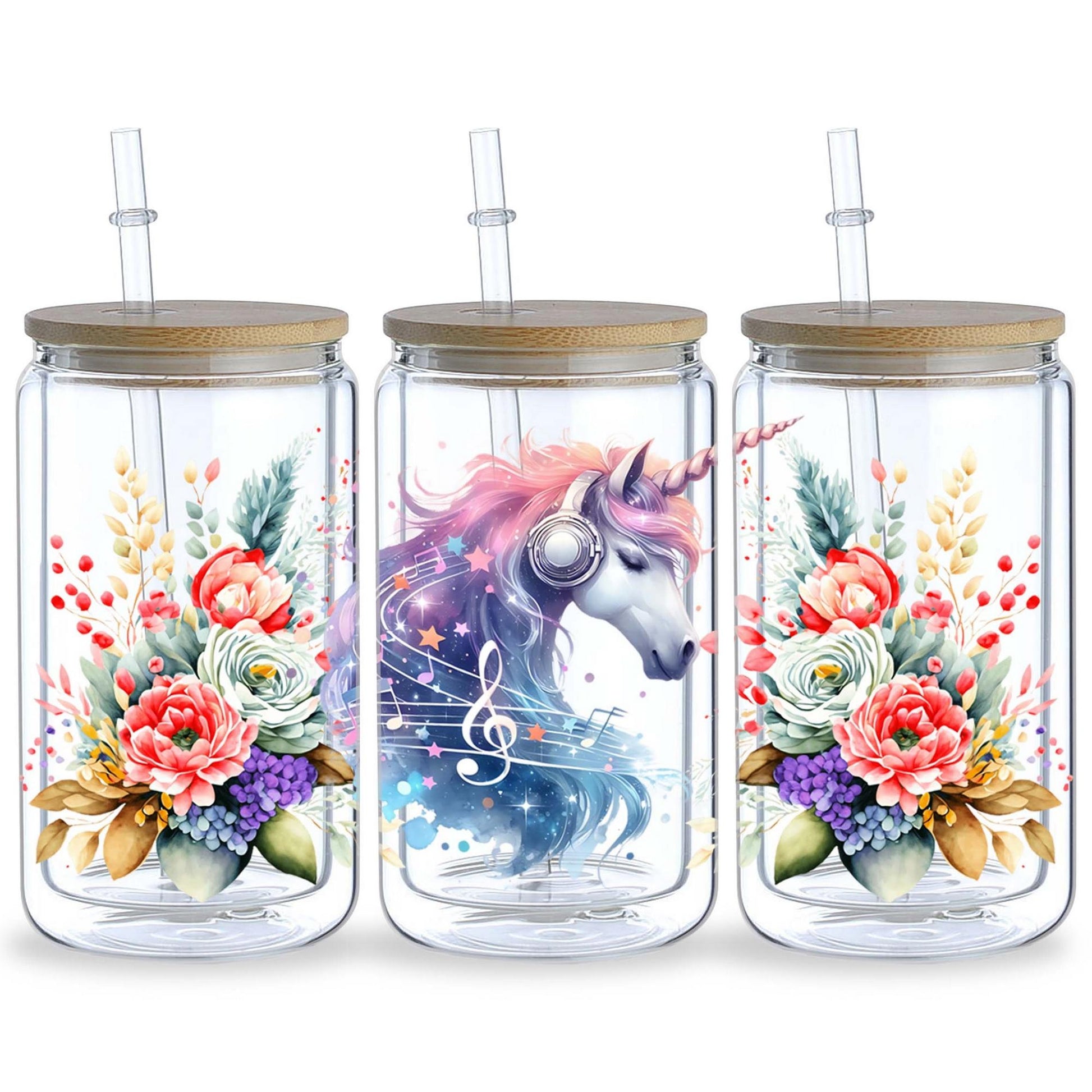 5 Sheets Unicorn UV DTF Cup Holder 16 oz, Beautiful Unicorn DTF Cup Holder Transfer Glass, Water Bottle Waterproof Sticker, Friction Transfer Sticker, Furniture Crafts