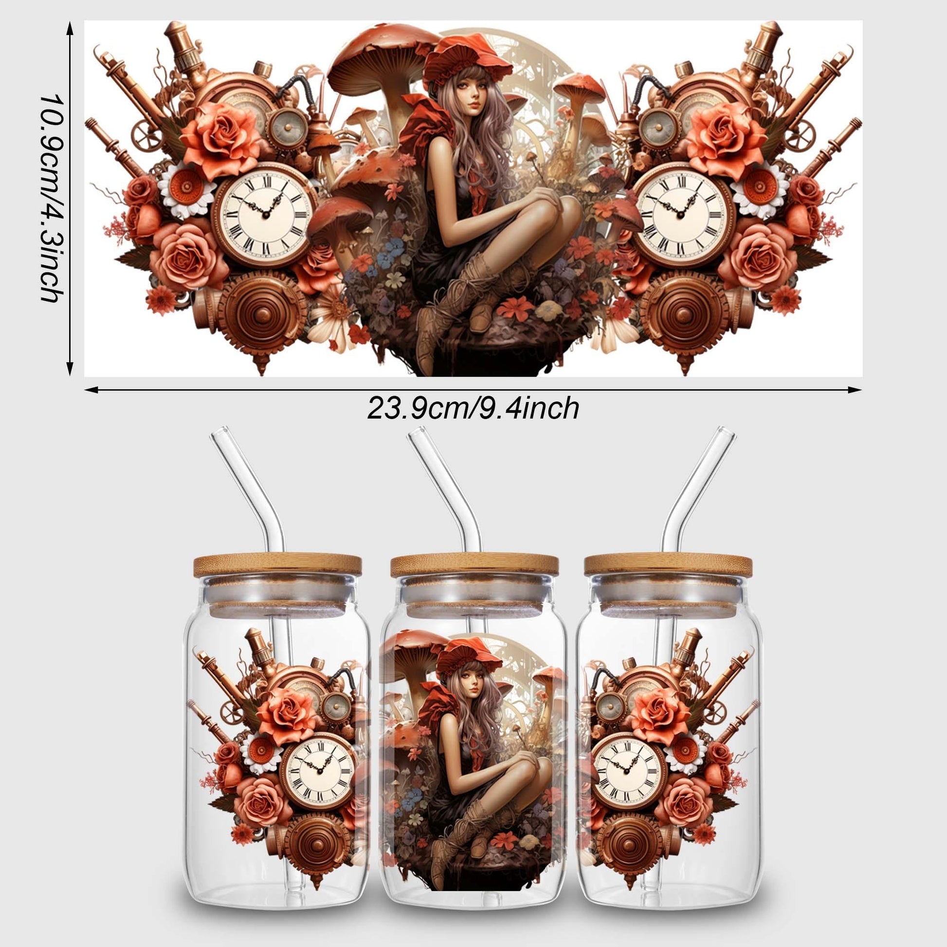5 sheets steampunk of UV DTF cup holder 16 oz, DTF cup holder transfer glass, water bottle waterproof sticker, friction transfer sticker, DIY